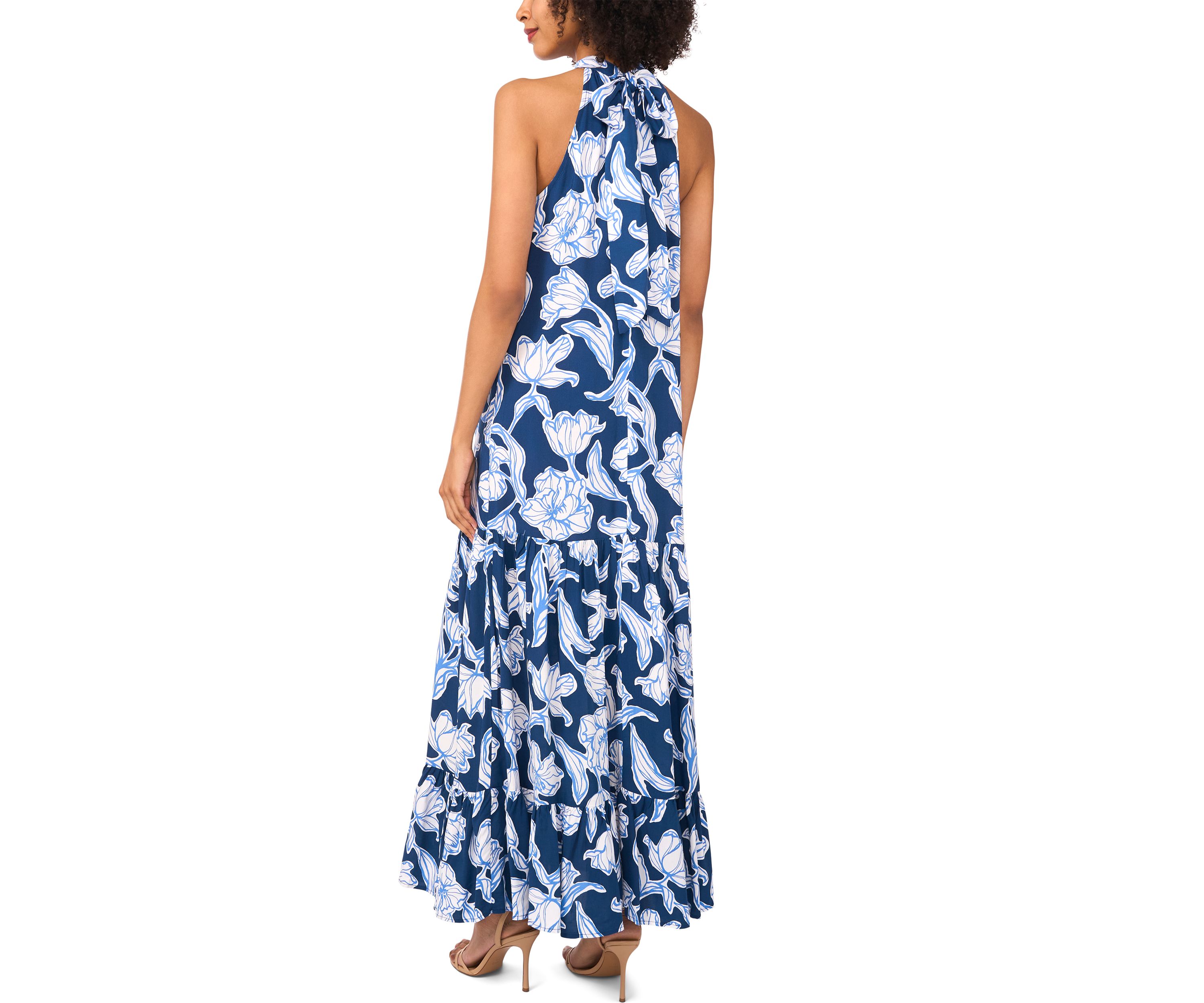 Womens Floral Printed Halter Chalis Dress