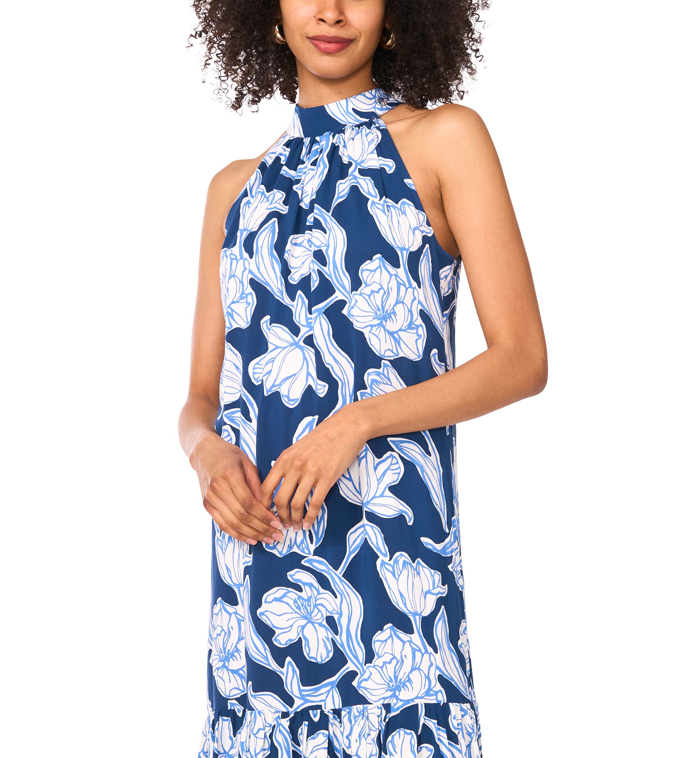 Womens Floral Printed Halter Chalis Dress