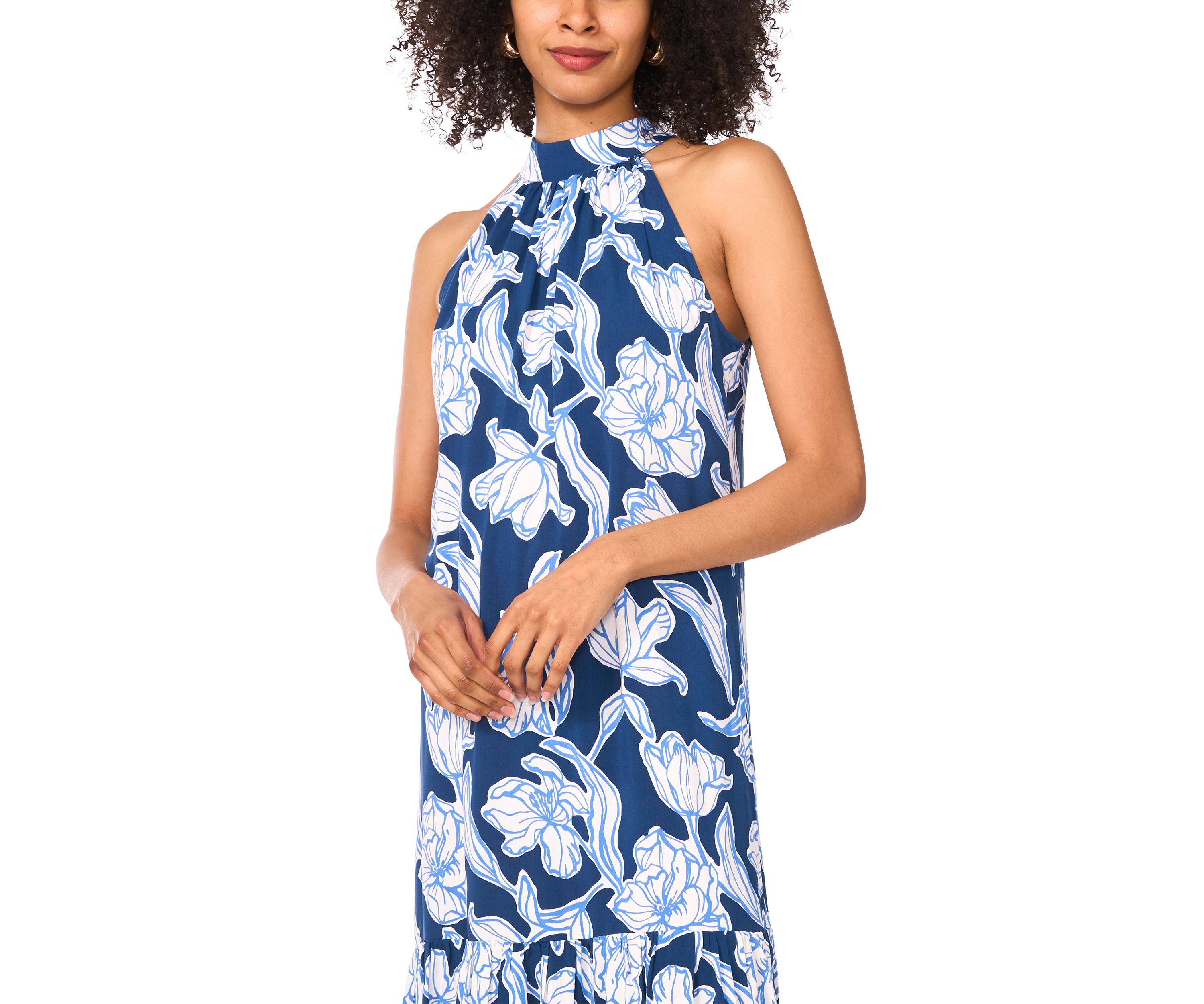 Womens Floral Printed Halter Chalis Dress