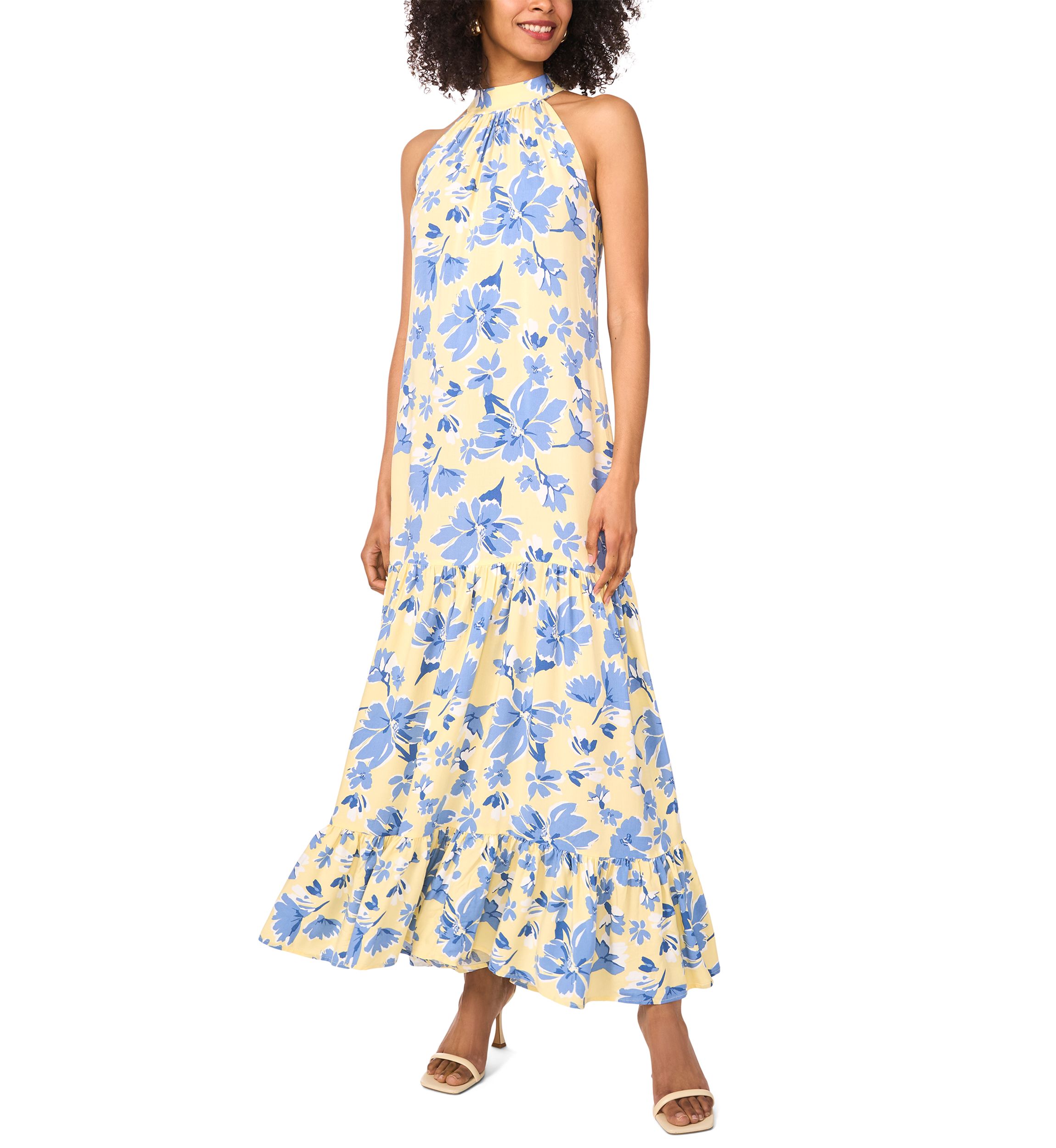 Womens Floral Printed Halter Chalis Dress