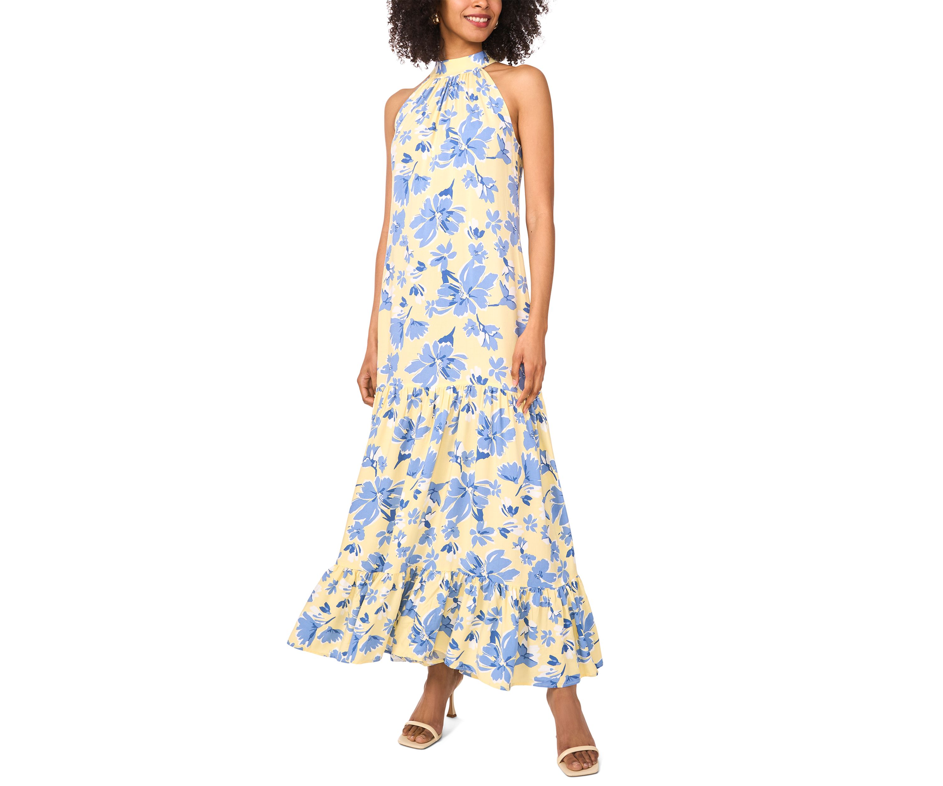 Womens Floral Printed Halter Chalis Dress