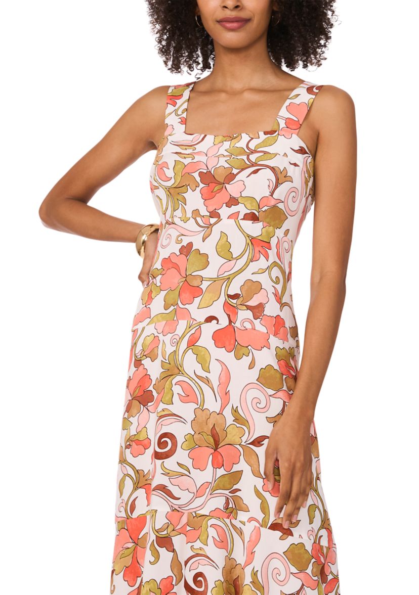 Womens Floral Square Neck Challis Dress