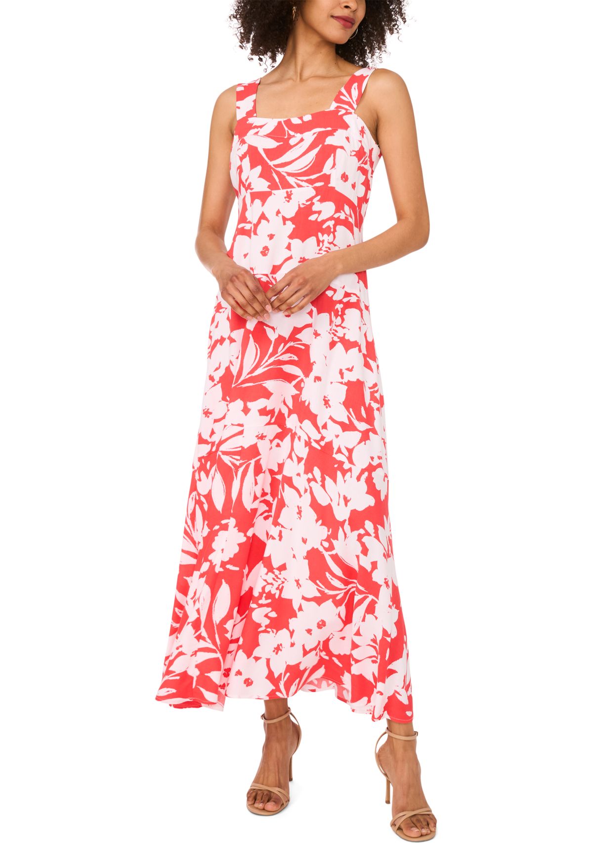Womens Square Neck Floral Printed Challis Dress