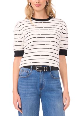 Vince Camuto Women's Striped Crew Neck Sweater, White, Medium