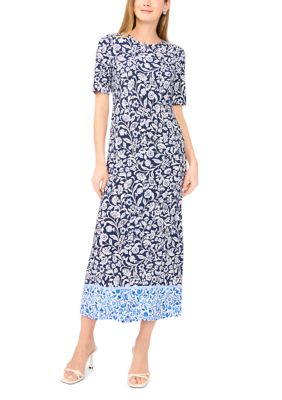 Vince Camuto Women's Short Sleeve Paisley Border Maxi Dress, Blue, Large
