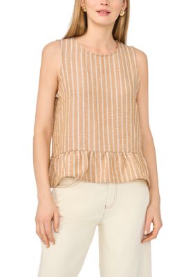 Vince Camuto Women's Sleeveless Striped Linen Peplum Top, Beige, XL