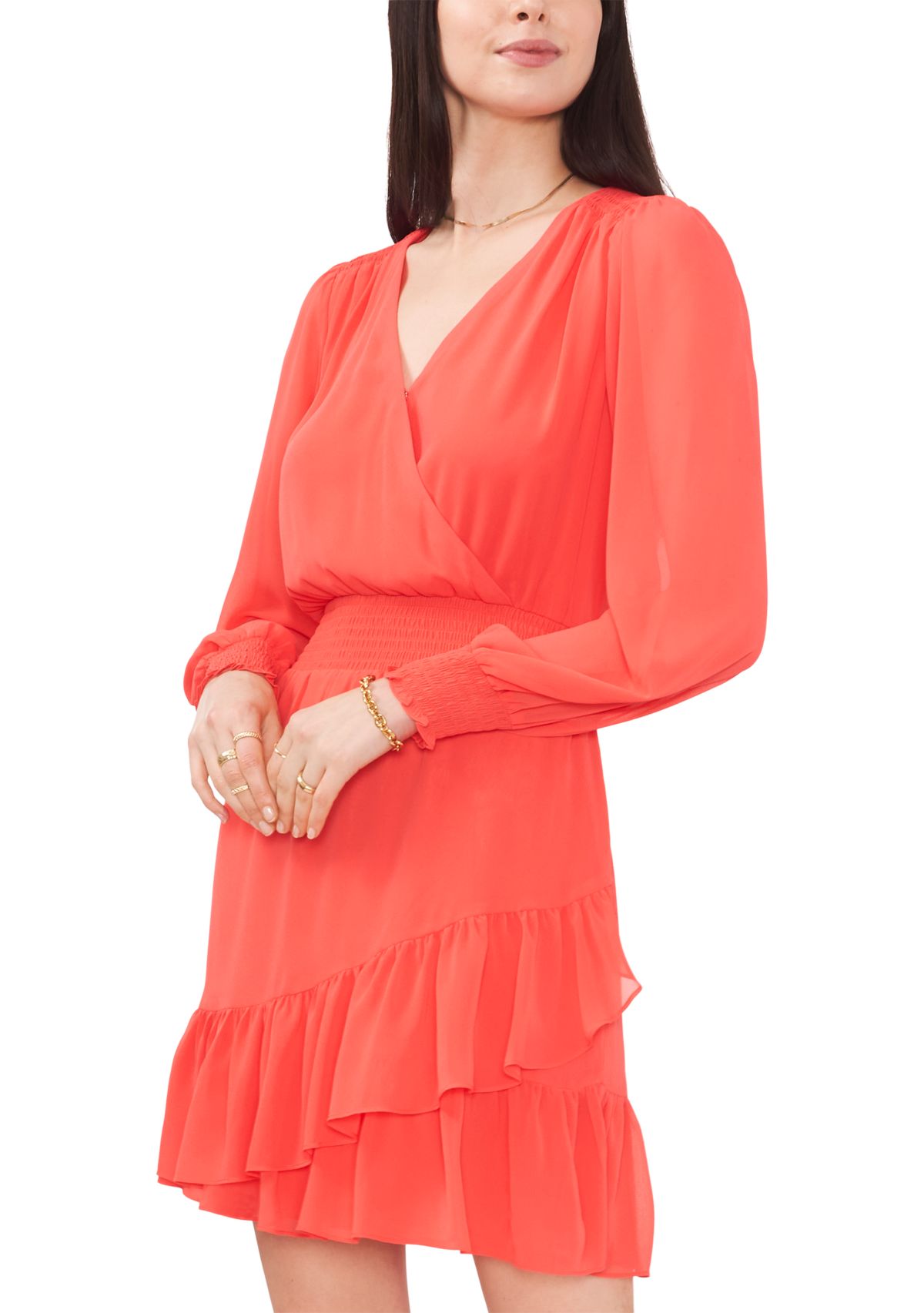Womens Surplice Ruffle Hem Dress