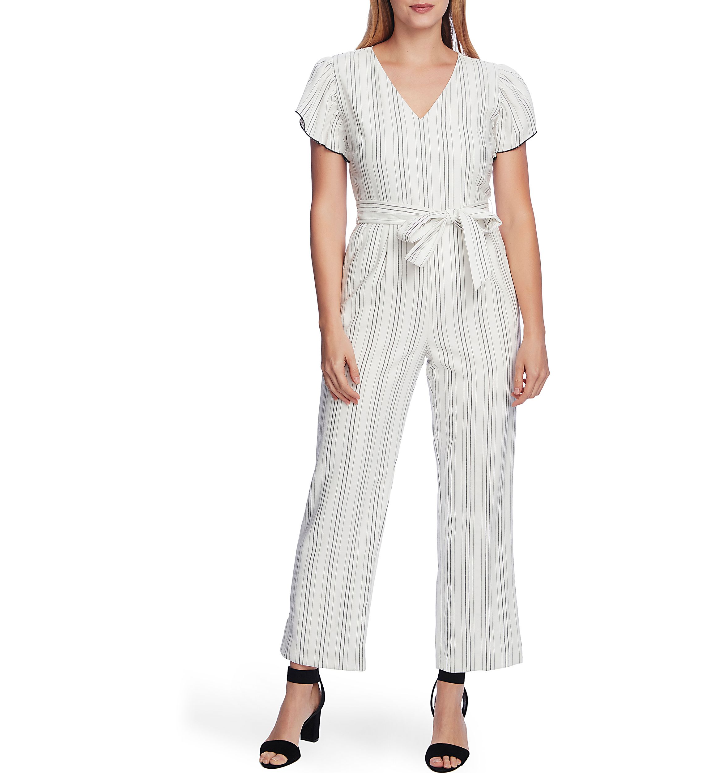 Womens Flutter Sleeve Striped Belted Jumpsuit 
