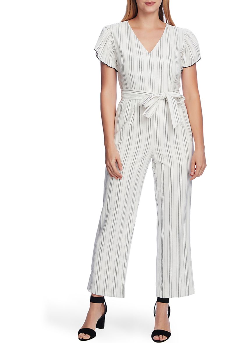 Womens Flutter Sleeve Striped Belted Jumpsuit 
