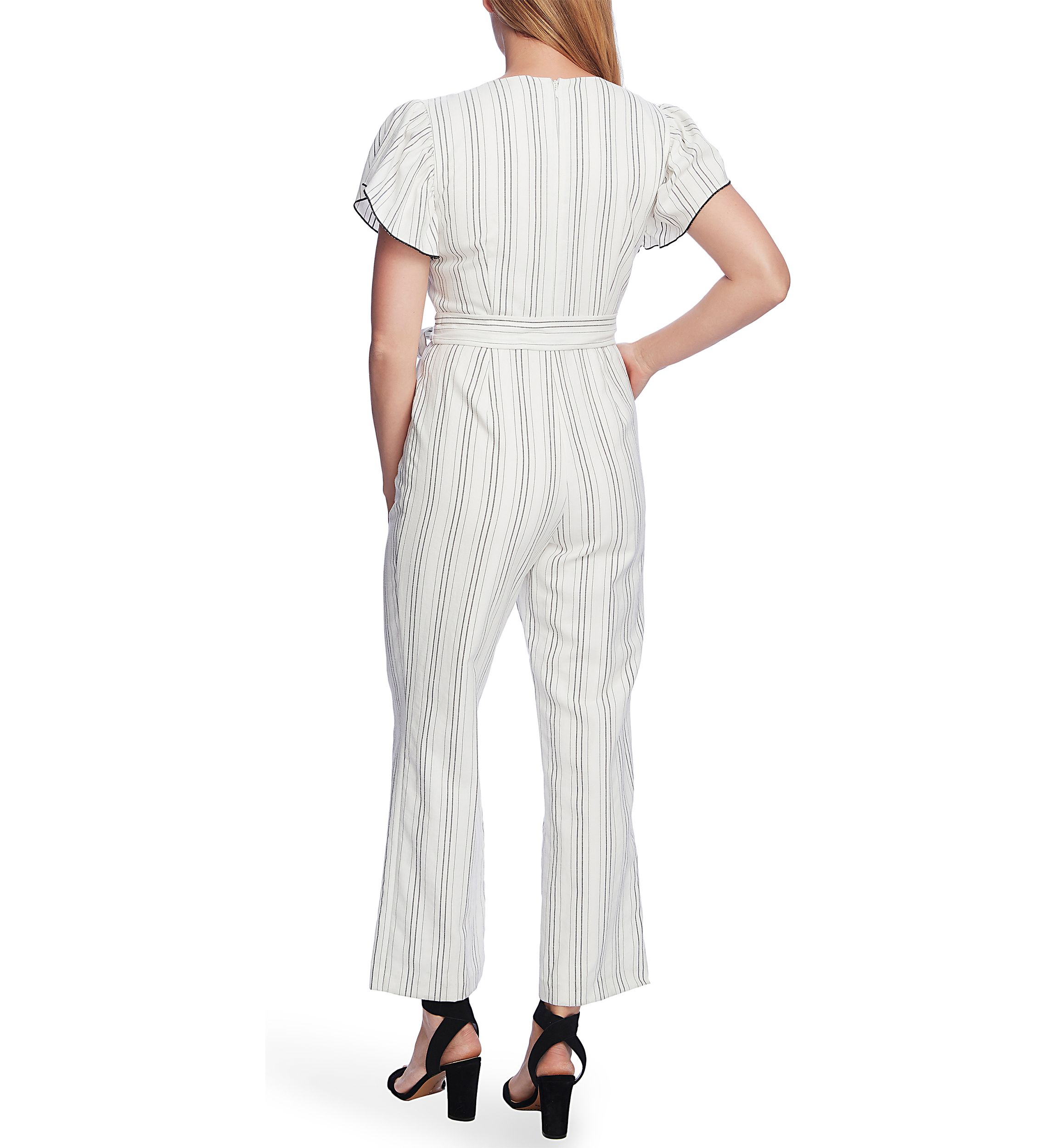 Womens Flutter Sleeve Striped Belted Jumpsuit 