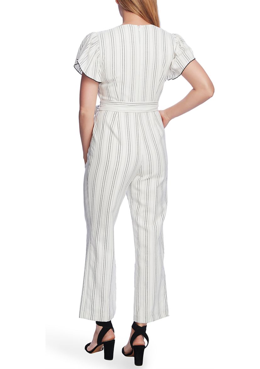 Womens Flutter Sleeve Striped Belted Jumpsuit 