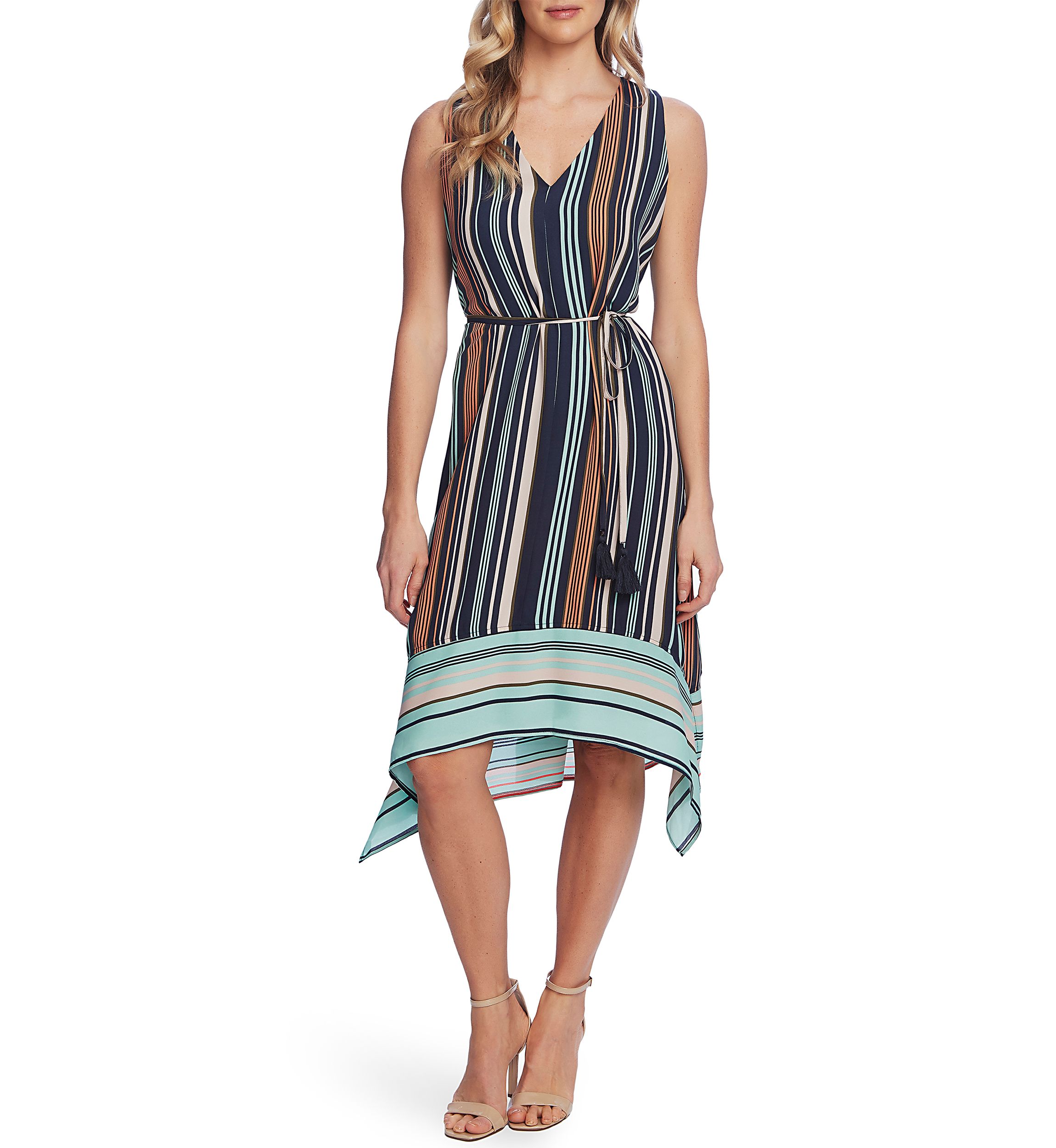 Womens Sleeveless Asymmetrical Hem Striped Dress