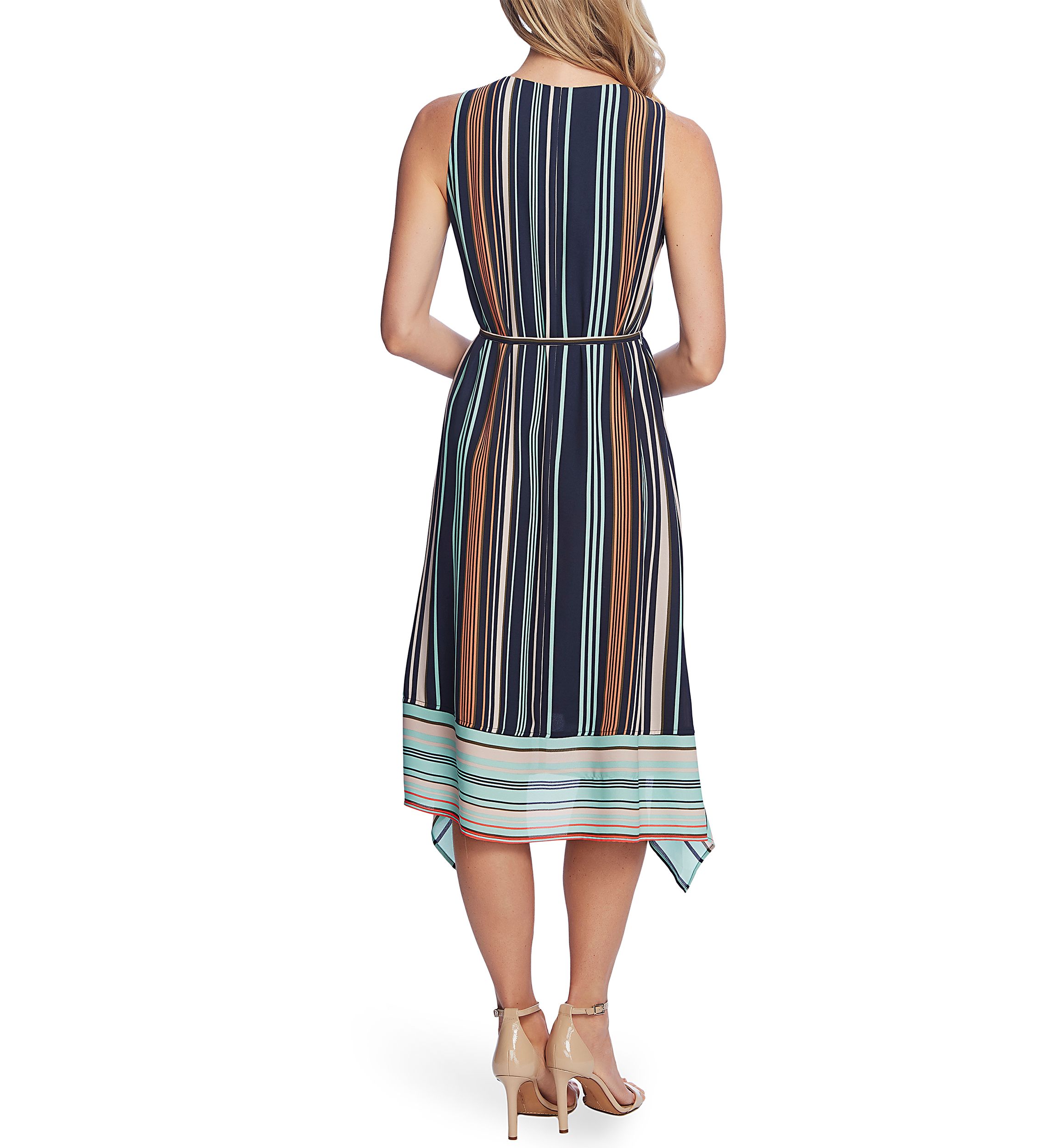 Womens Sleeveless Asymmetrical Hem Striped Dress