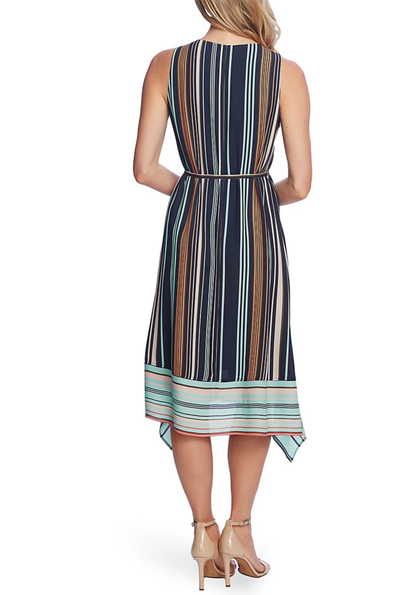 Womens Sleeveless Asymmetrical Hem Striped Dress
