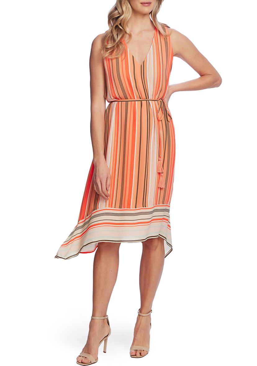   Womens Sleeveless Asymmetrical Hem Striped Dress 