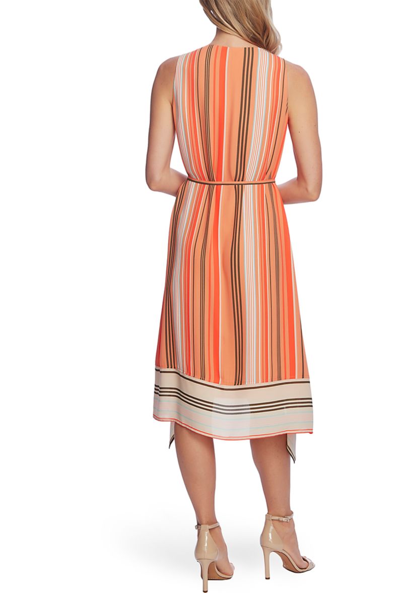   Womens Sleeveless Asymmetrical Hem Striped Dress 