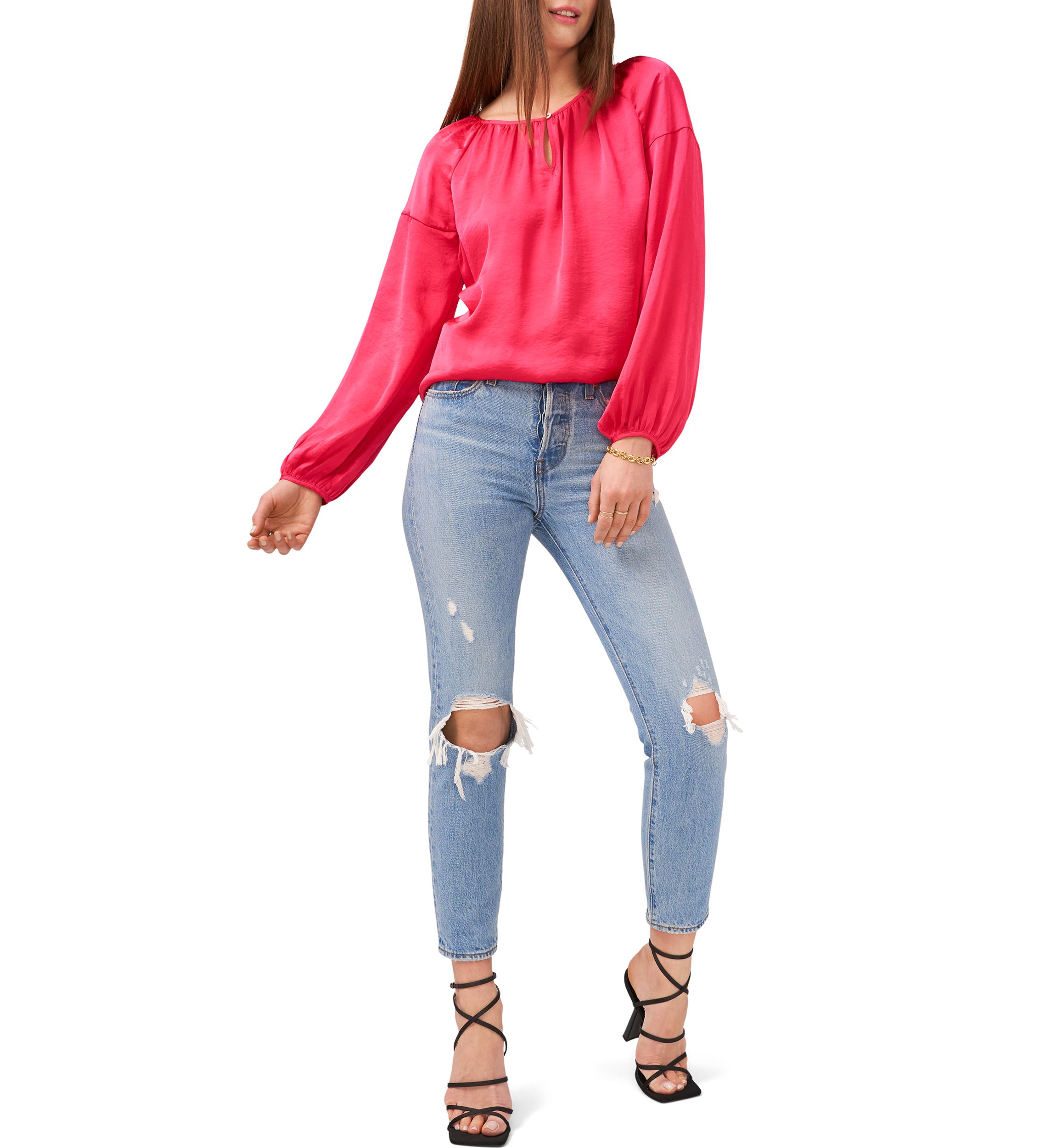 Womens Blouson Sleeve Rumple Peasant Blouse 
