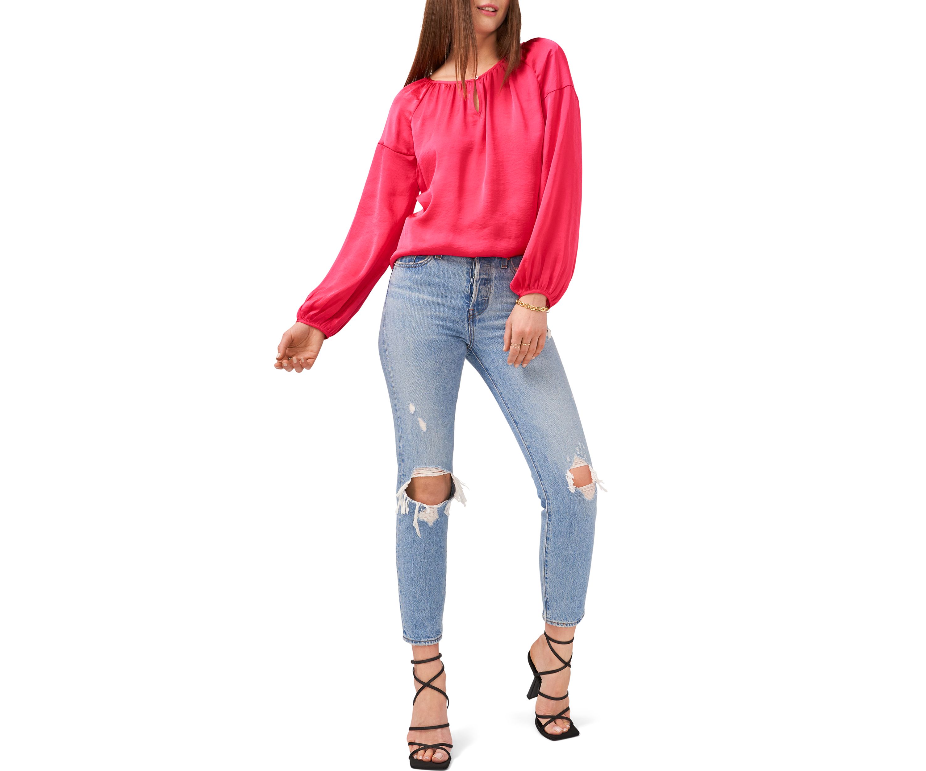 Womens Blouson Sleeve Rumple Peasant Blouse 