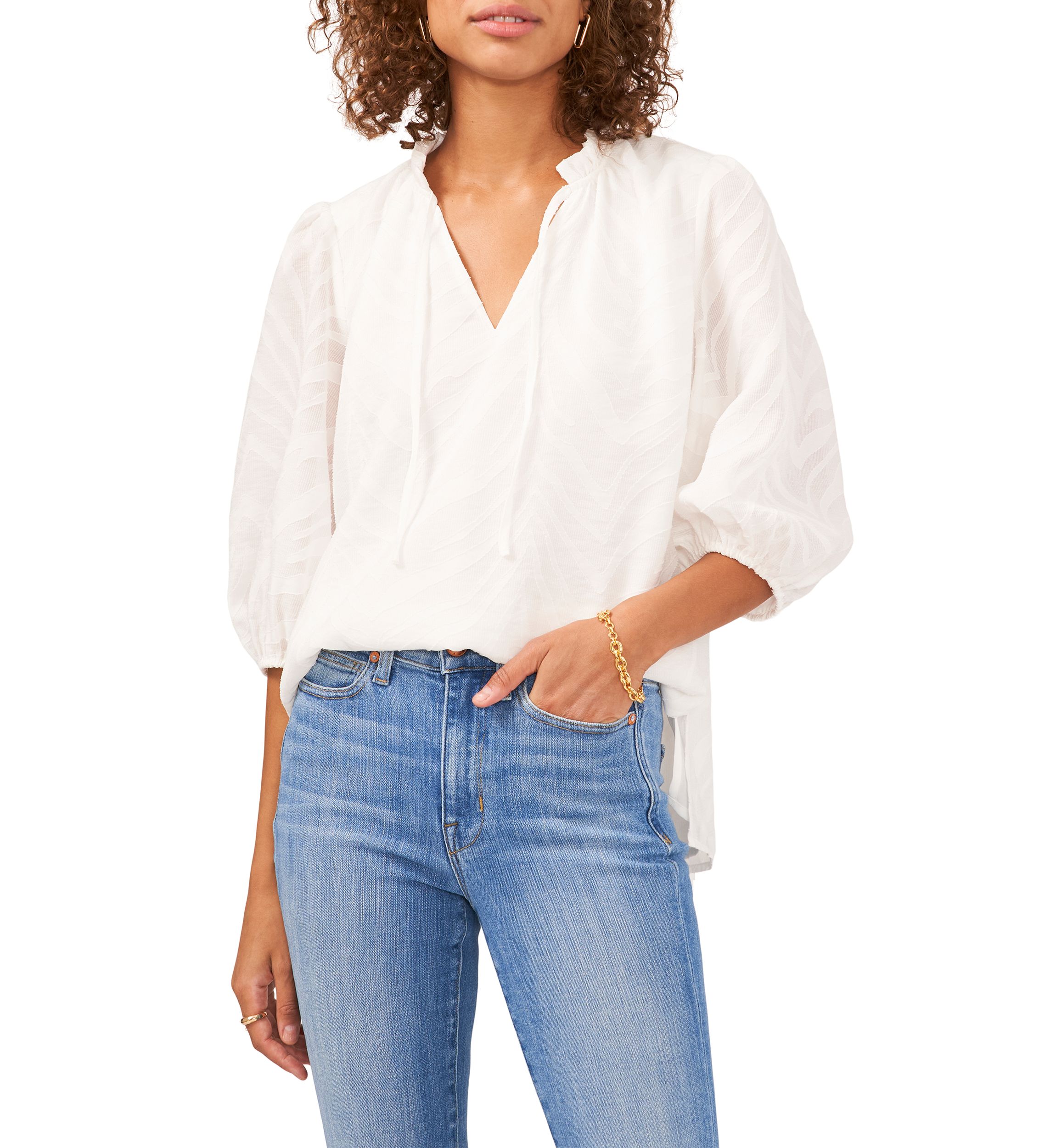 Womens Puff Sleeve Split Neck Zebra Jacquard Blouse