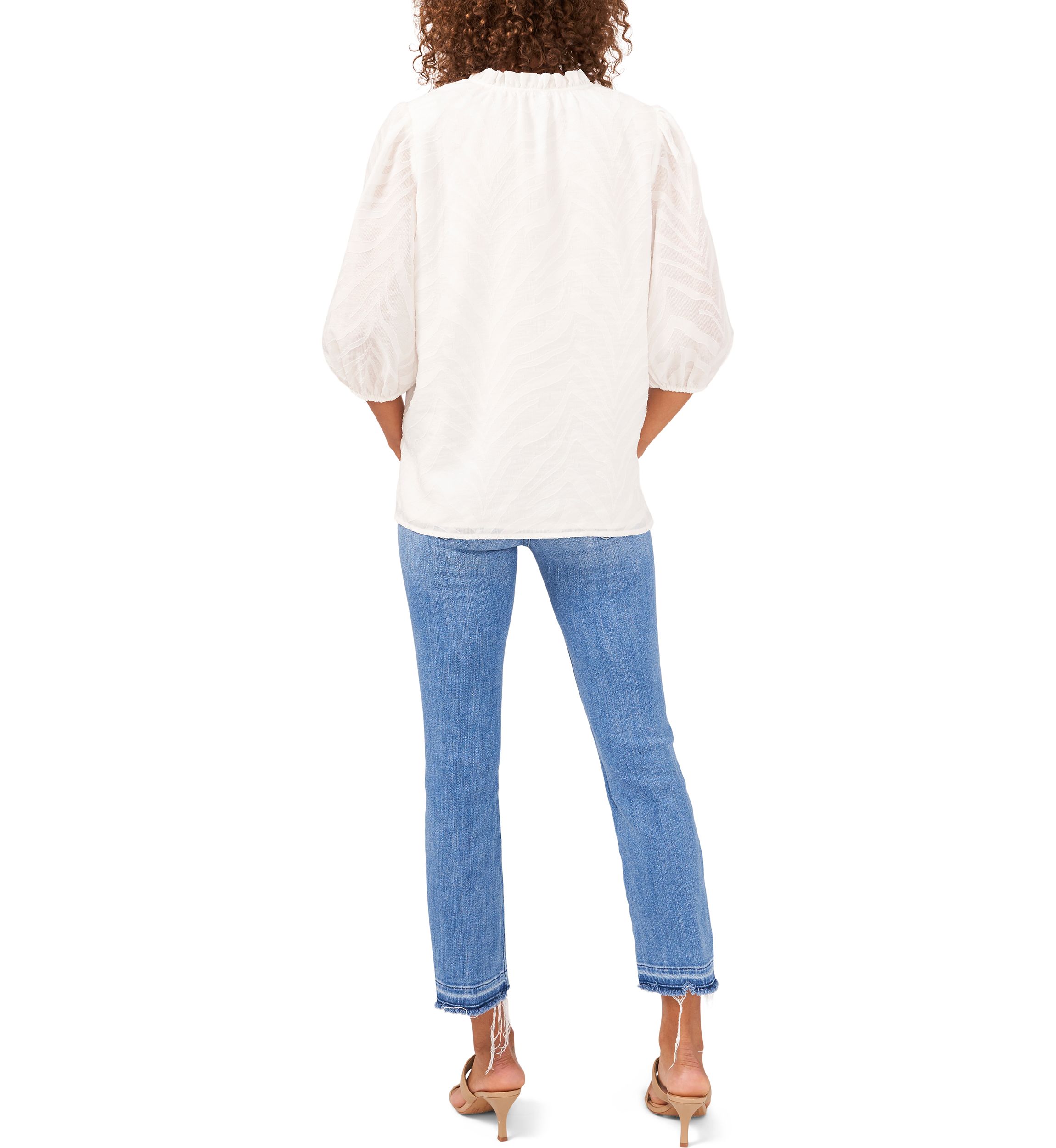 Womens Puff Sleeve Split Neck Zebra Jacquard Blouse