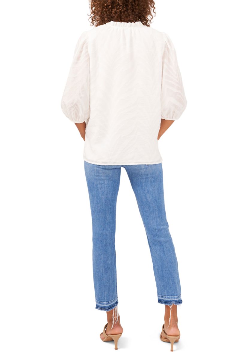 Womens Puff Sleeve Split Neck Zebra Jacquard Blouse