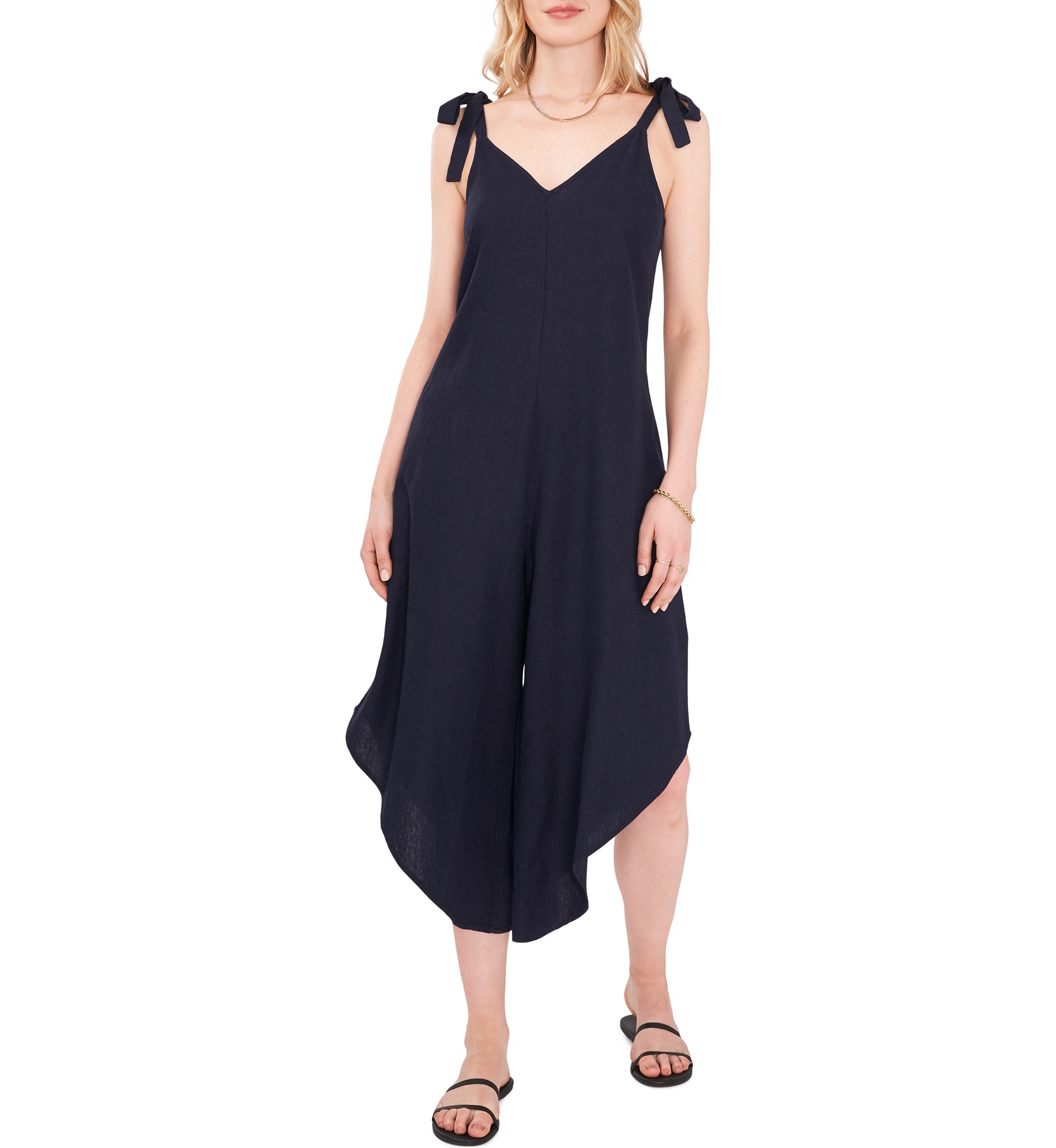Womens Tie Strap Cropped Linen Like Jumpsuit