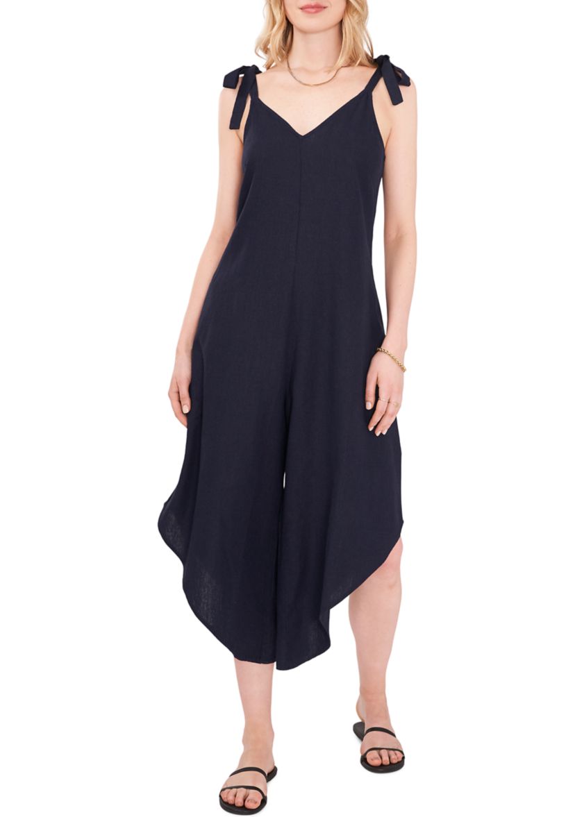 Womens Tie Strap Cropped Linen Like Jumpsuit