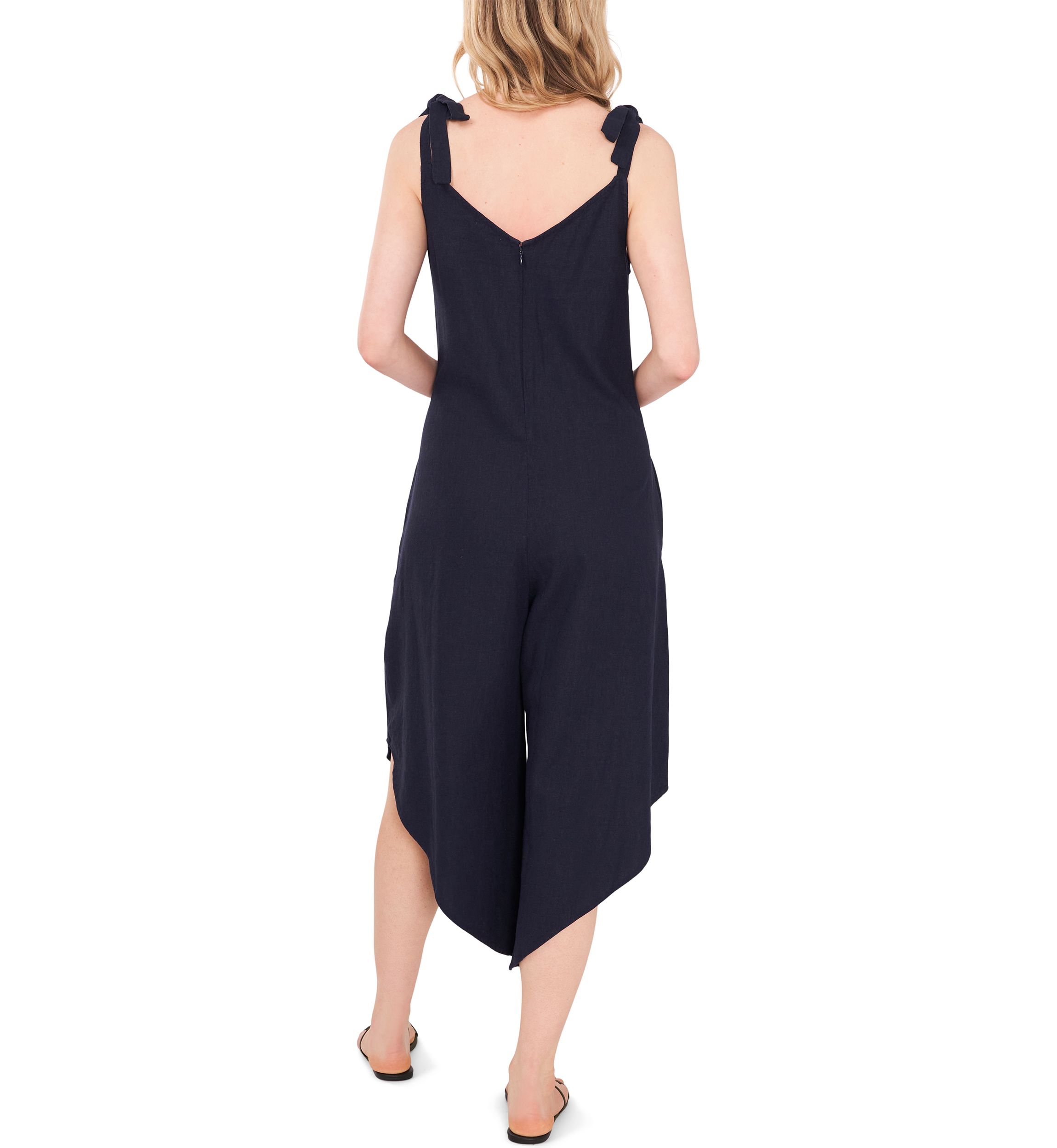 Womens Tie Strap Cropped Linen Like Jumpsuit