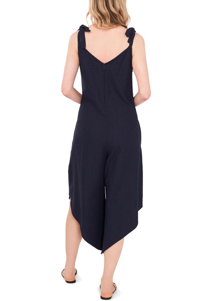 Womens Tie Strap Cropped Linen Like Jumpsuit