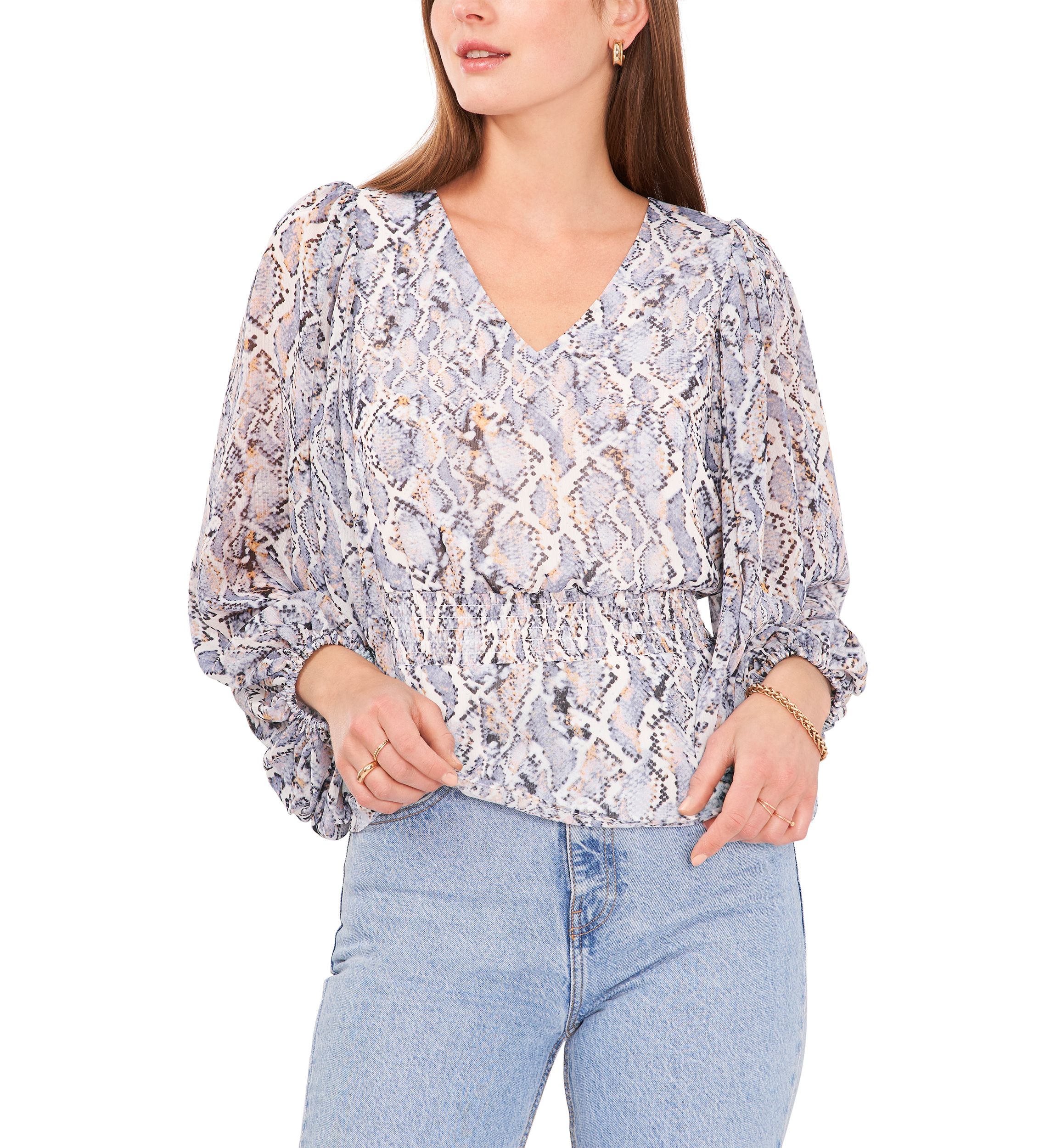 Womens Long Sleeve V-Neck Snake Print Blouse
