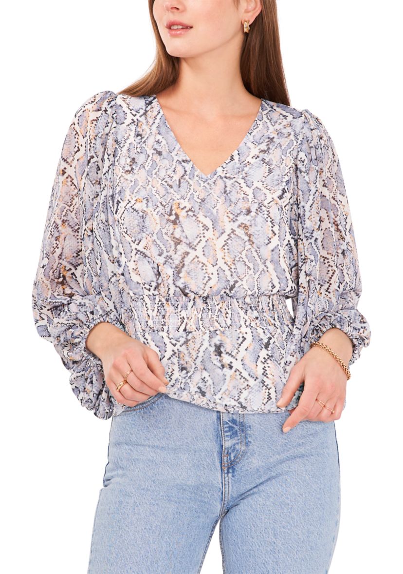 Womens Long Sleeve V-Neck Snake Print Blouse