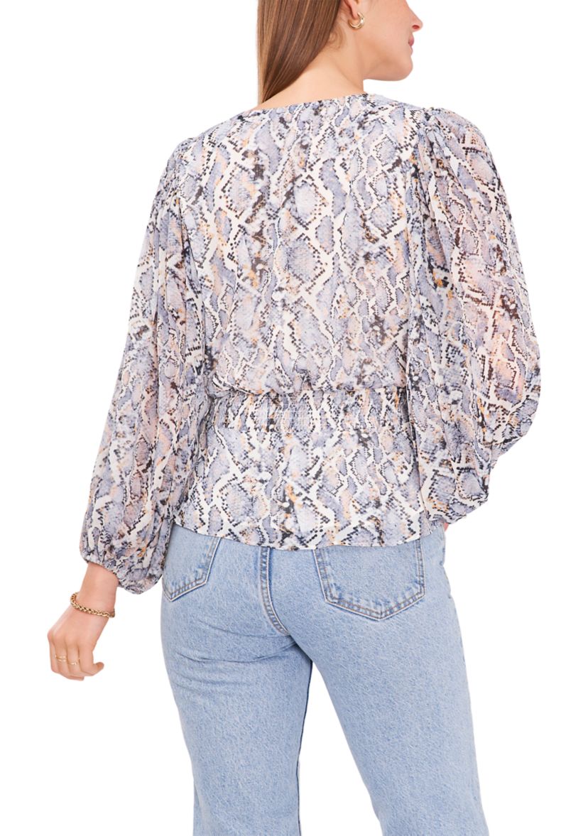 Womens Long Sleeve V-Neck Snake Print Blouse