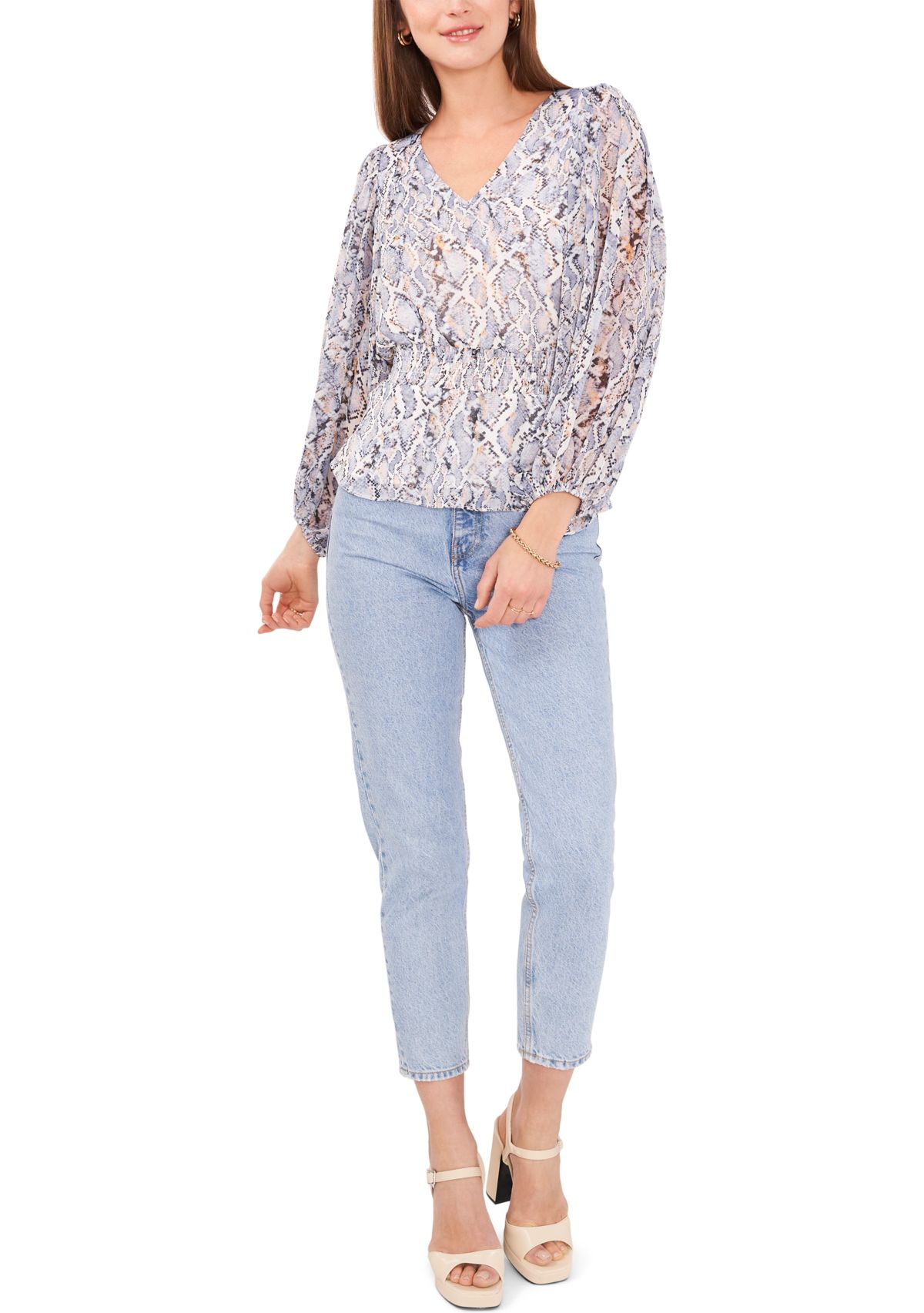 Womens Long Sleeve V-Neck Snake Print Blouse