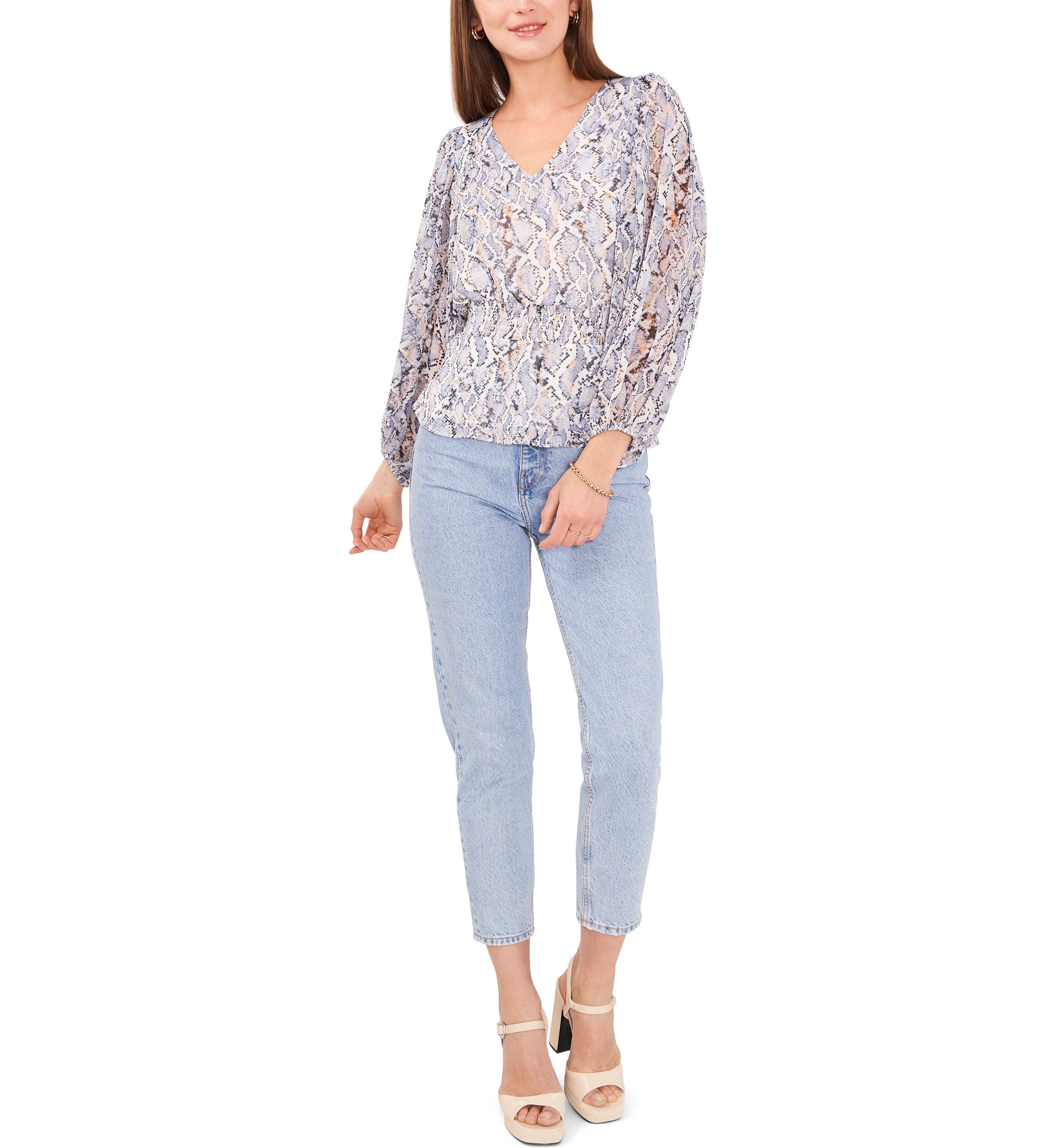 Womens Long Sleeve V-Neck Snake Print Blouse