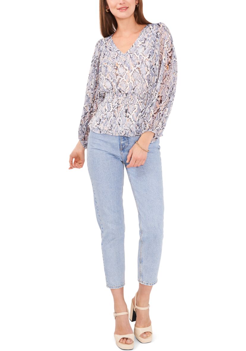 Womens Long Sleeve V-Neck Snake Print Blouse