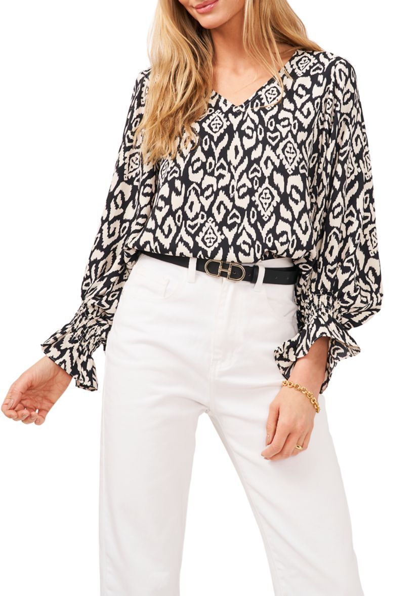 Womens Long Sleeve Smocked Cuff Etched Geo Blouse