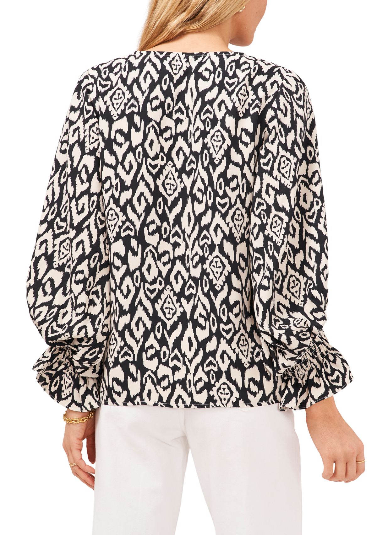 Womens Long Sleeve Smocked Cuff Etched Geo Blouse