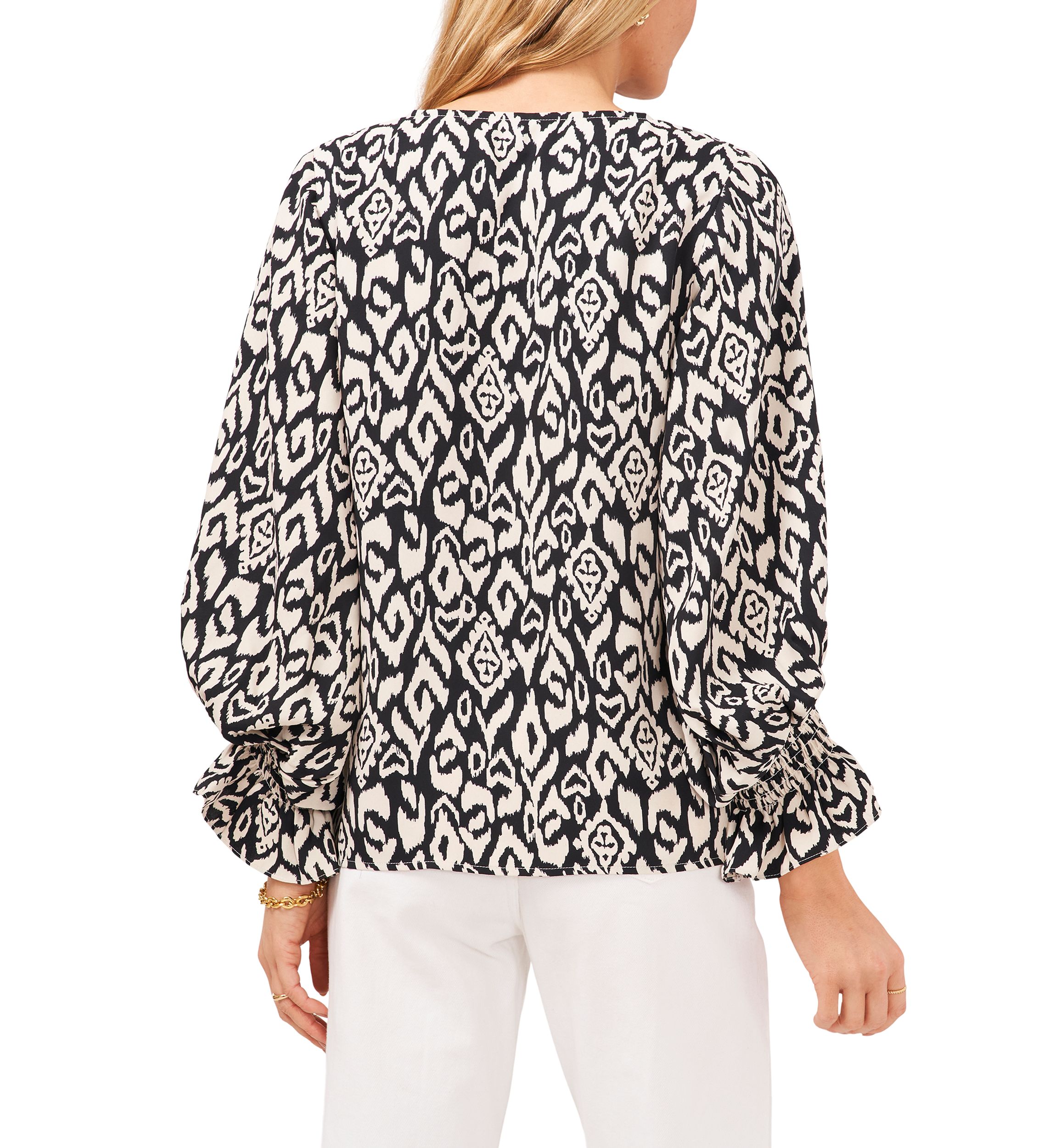 Womens Long Sleeve Smocked Cuff Etched Geo Blouse