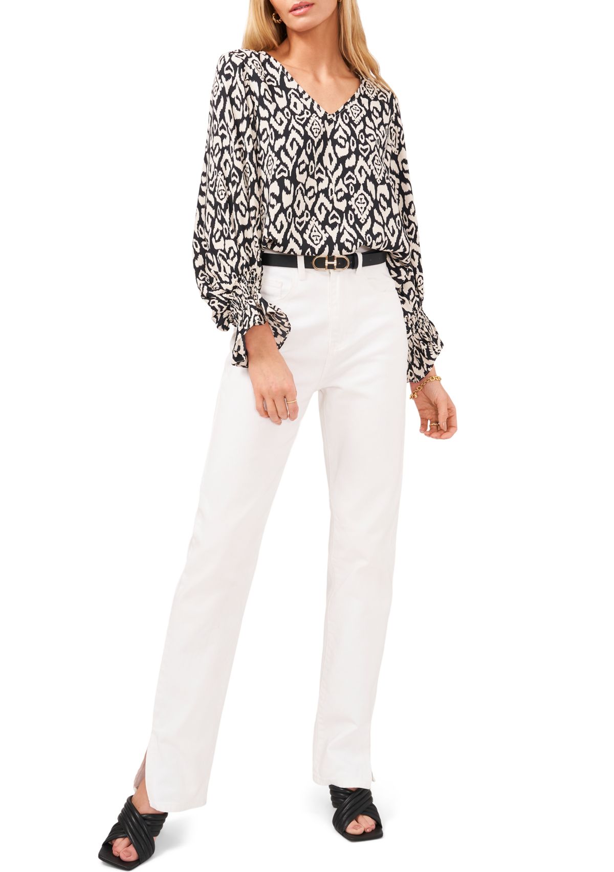 Womens Long Sleeve Smocked Cuff Etched Geo Blouse