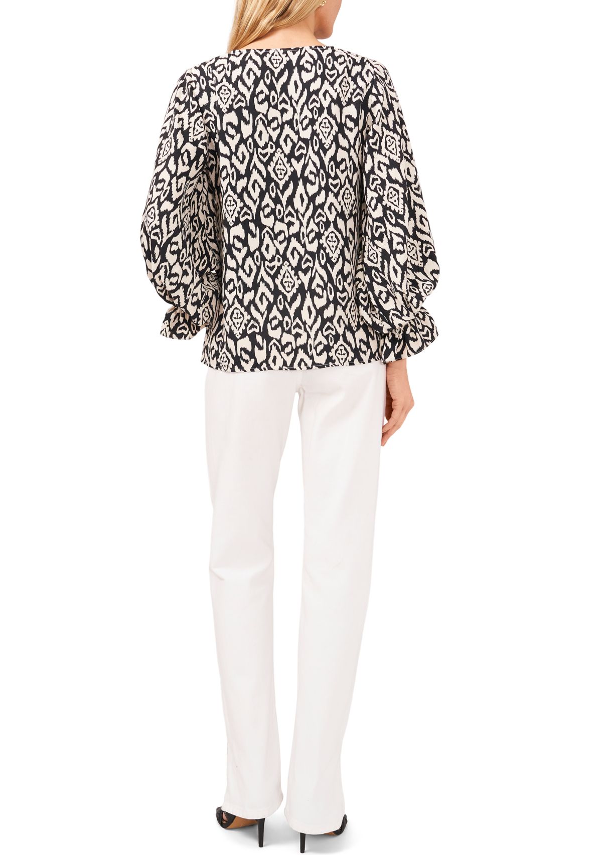 Womens Long Sleeve Smocked Cuff Etched Geo Blouse