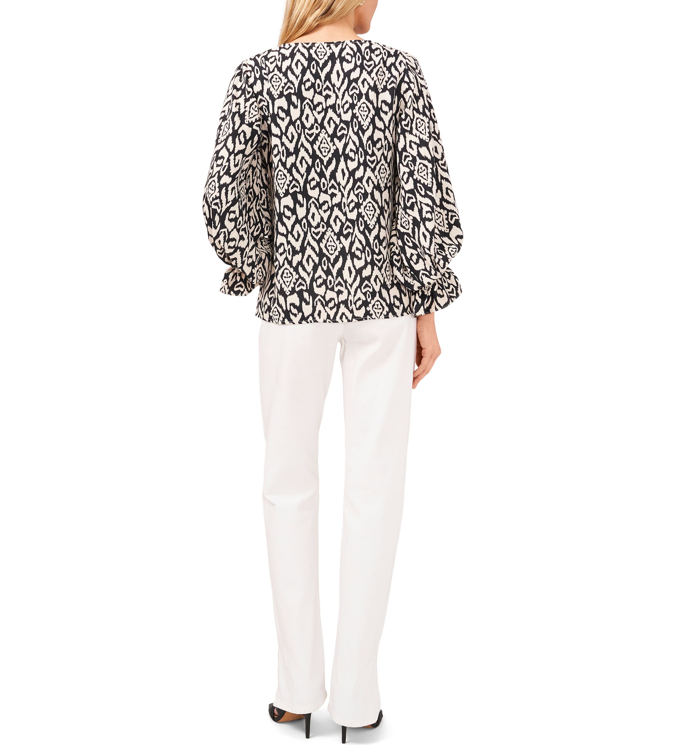 Womens Long Sleeve Smocked Cuff Etched Geo Blouse