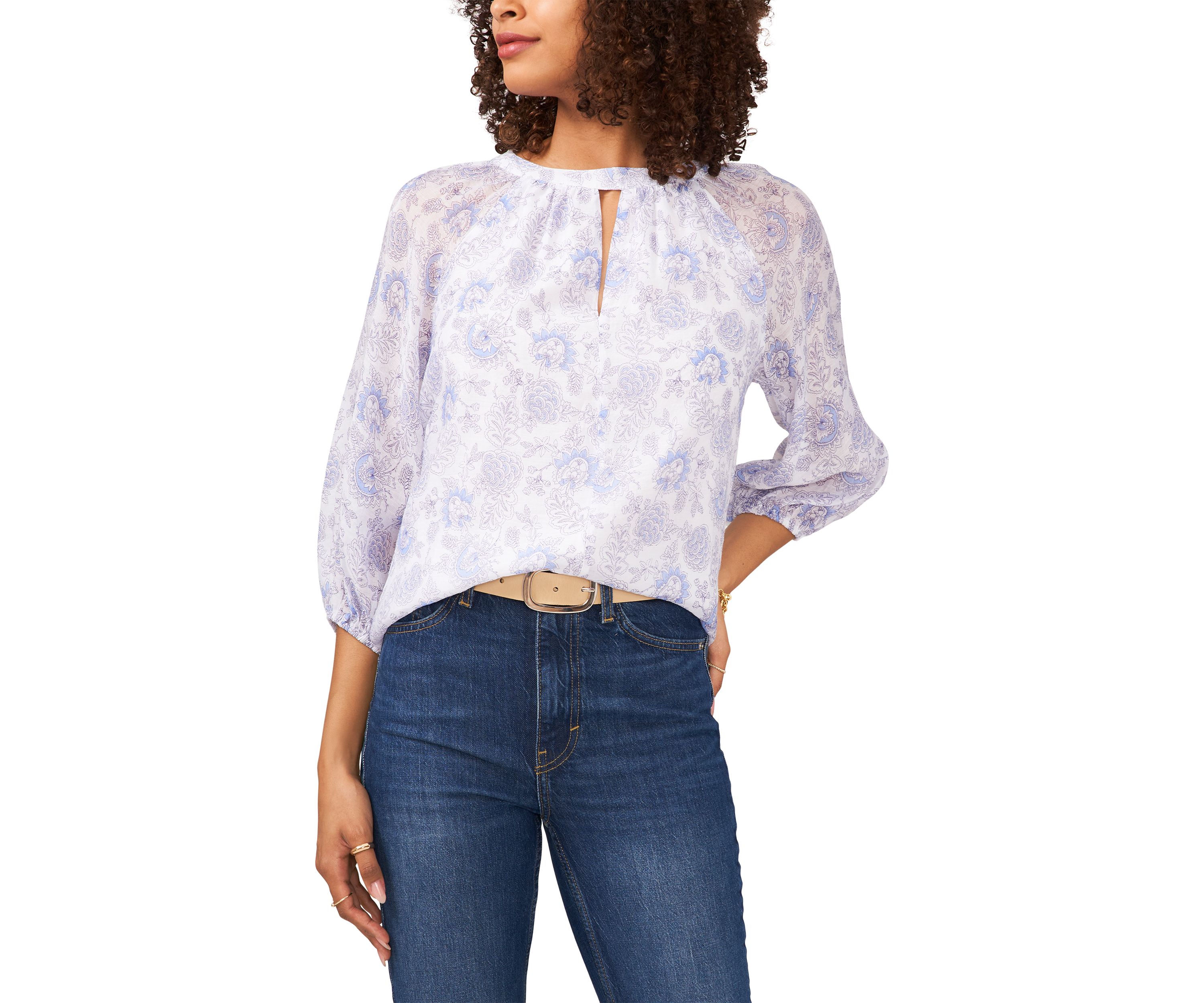 Womens 3/4 Sleeve Keyhole Vintage Batik Printed Blouse