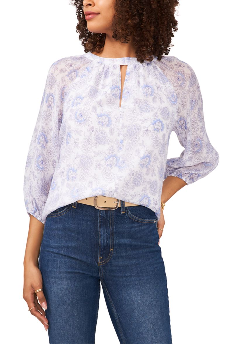 Womens 3/4 Sleeve Keyhole Vintage Batik Printed Blouse