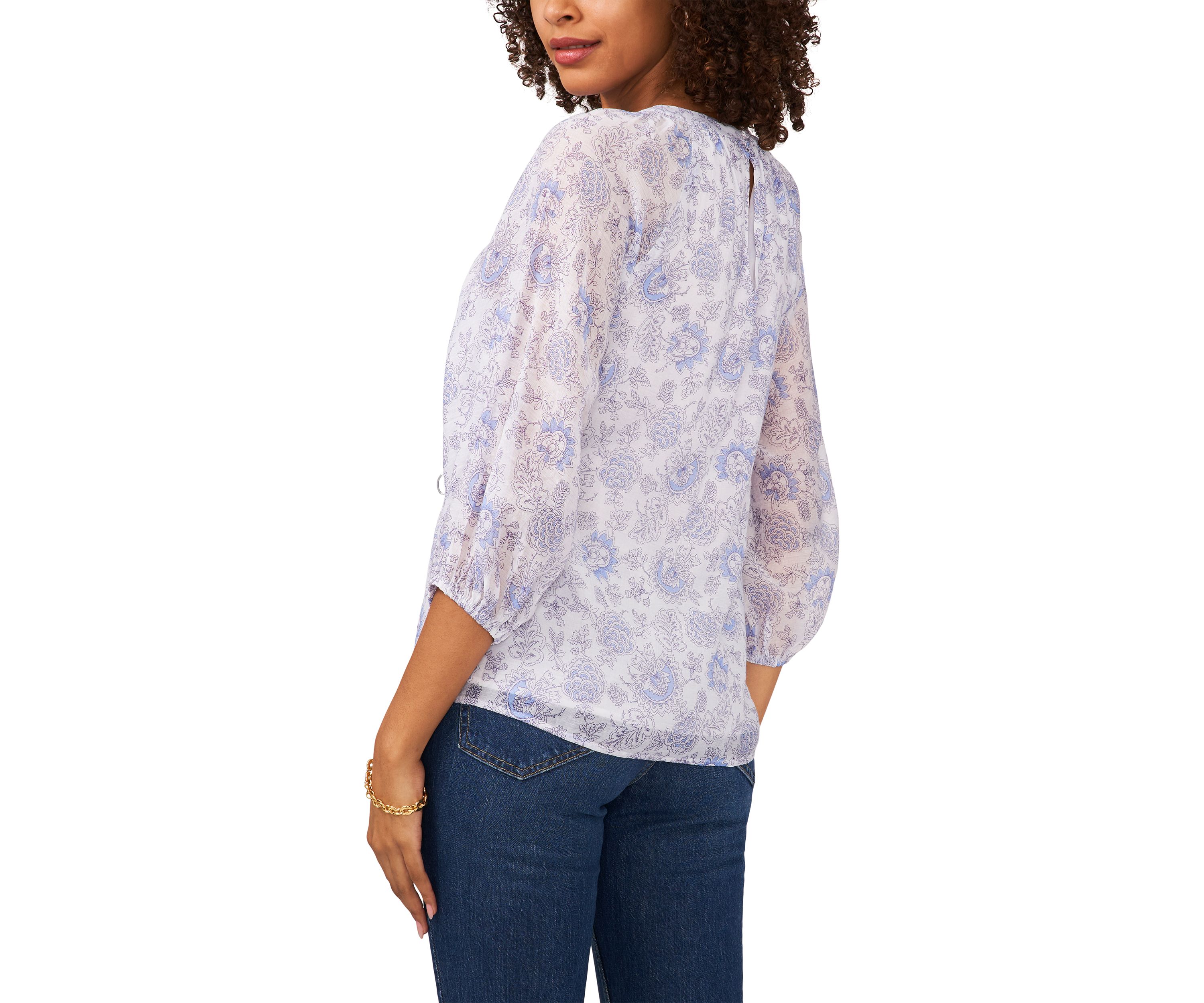 Womens 3/4 Sleeve Keyhole Vintage Batik Printed Blouse