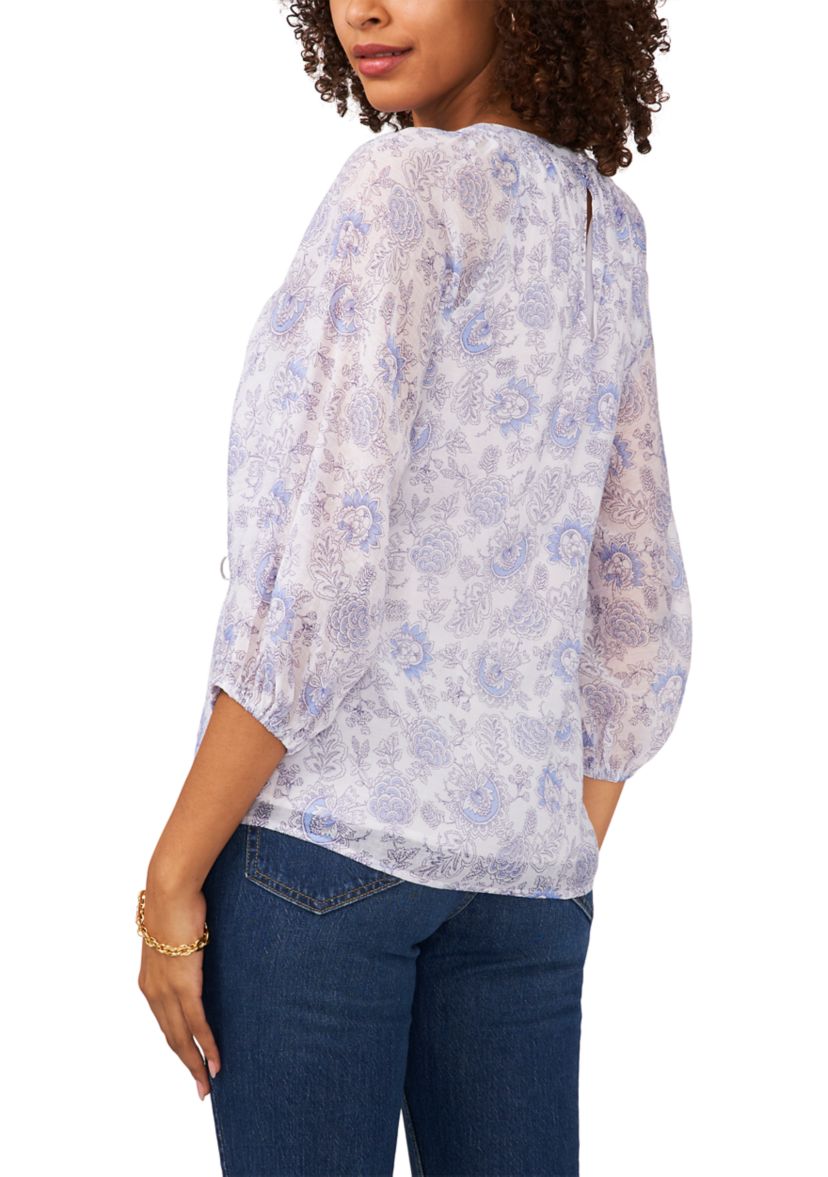 Womens 3/4 Sleeve Keyhole Vintage Batik Printed Blouse