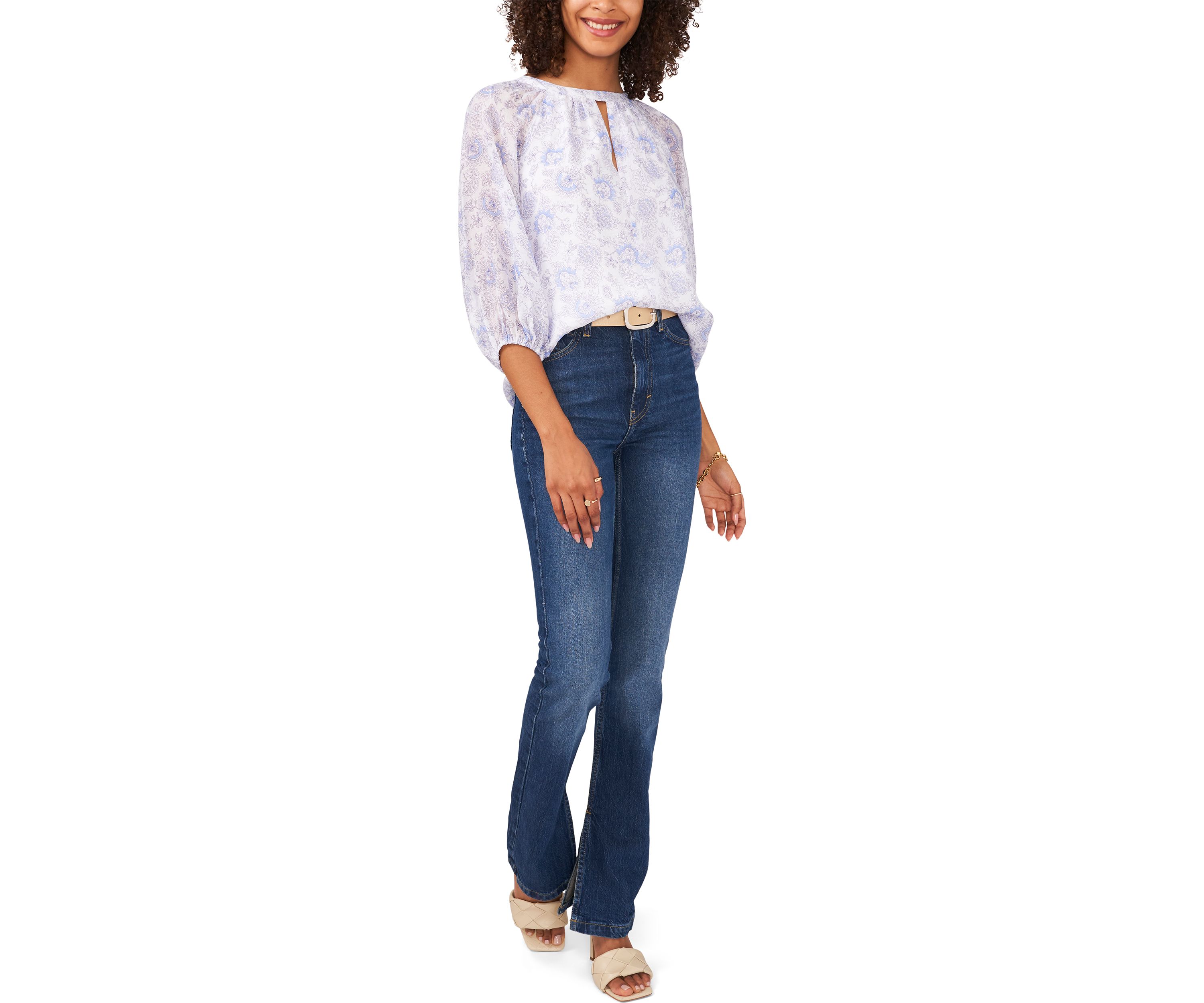Womens 3/4 Sleeve Keyhole Vintage Batik Printed Blouse