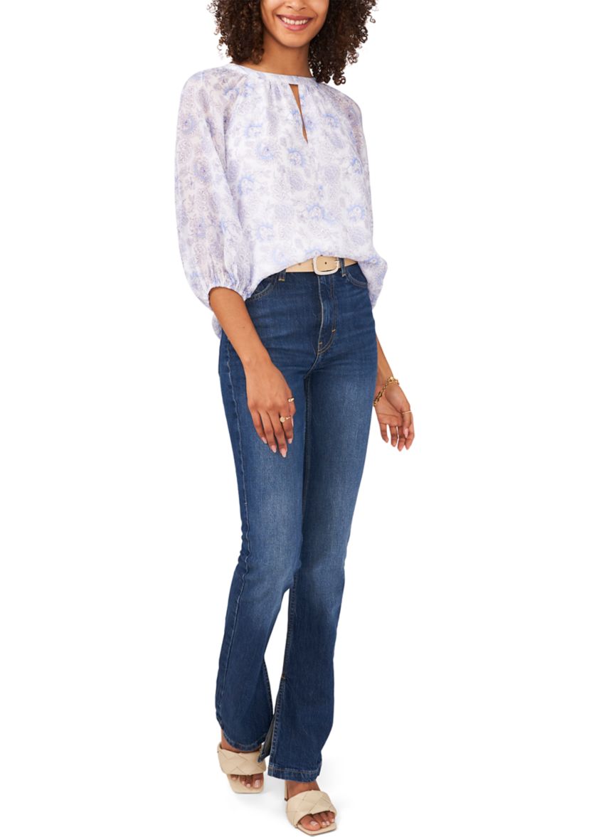 Womens 3/4 Sleeve Keyhole Vintage Batik Printed Blouse