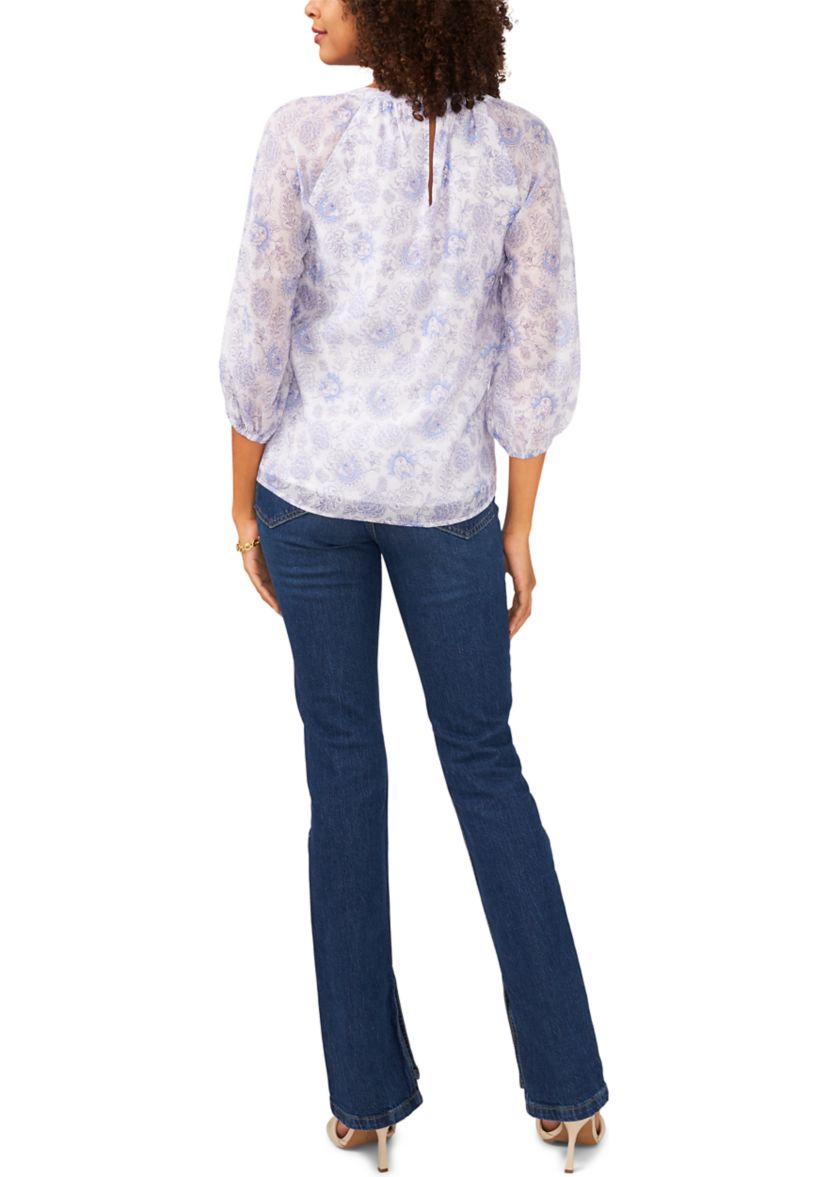 Womens 3/4 Sleeve Keyhole Vintage Batik Printed Blouse