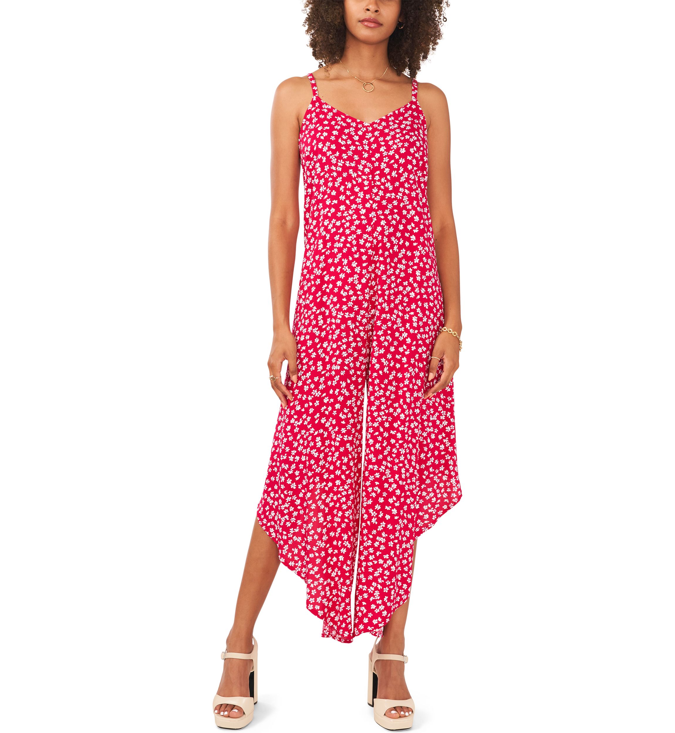 Womens Wide Flare Printed Challis Jumpsuit