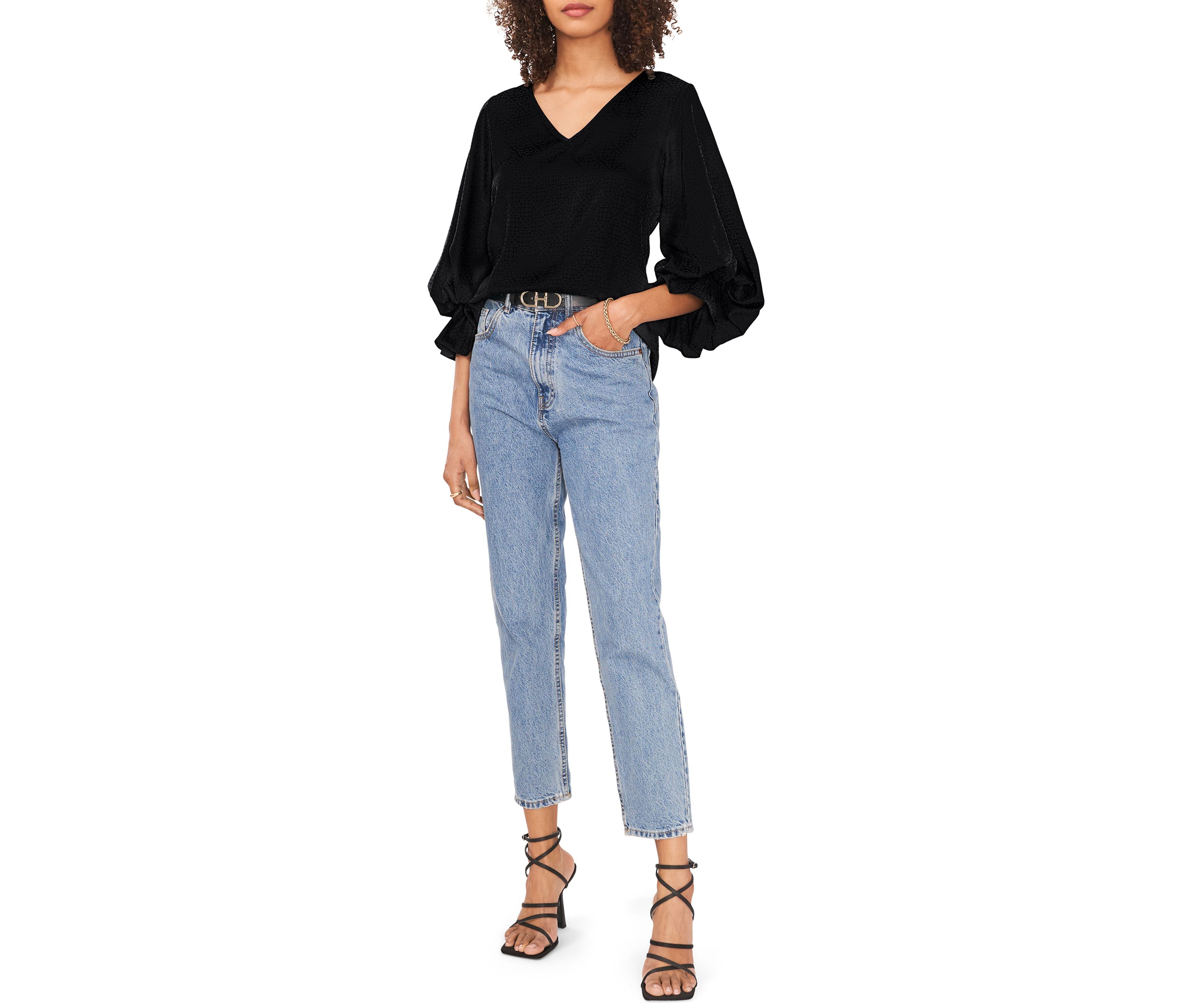 Womens Bubble Sleeve Jacquard Top 